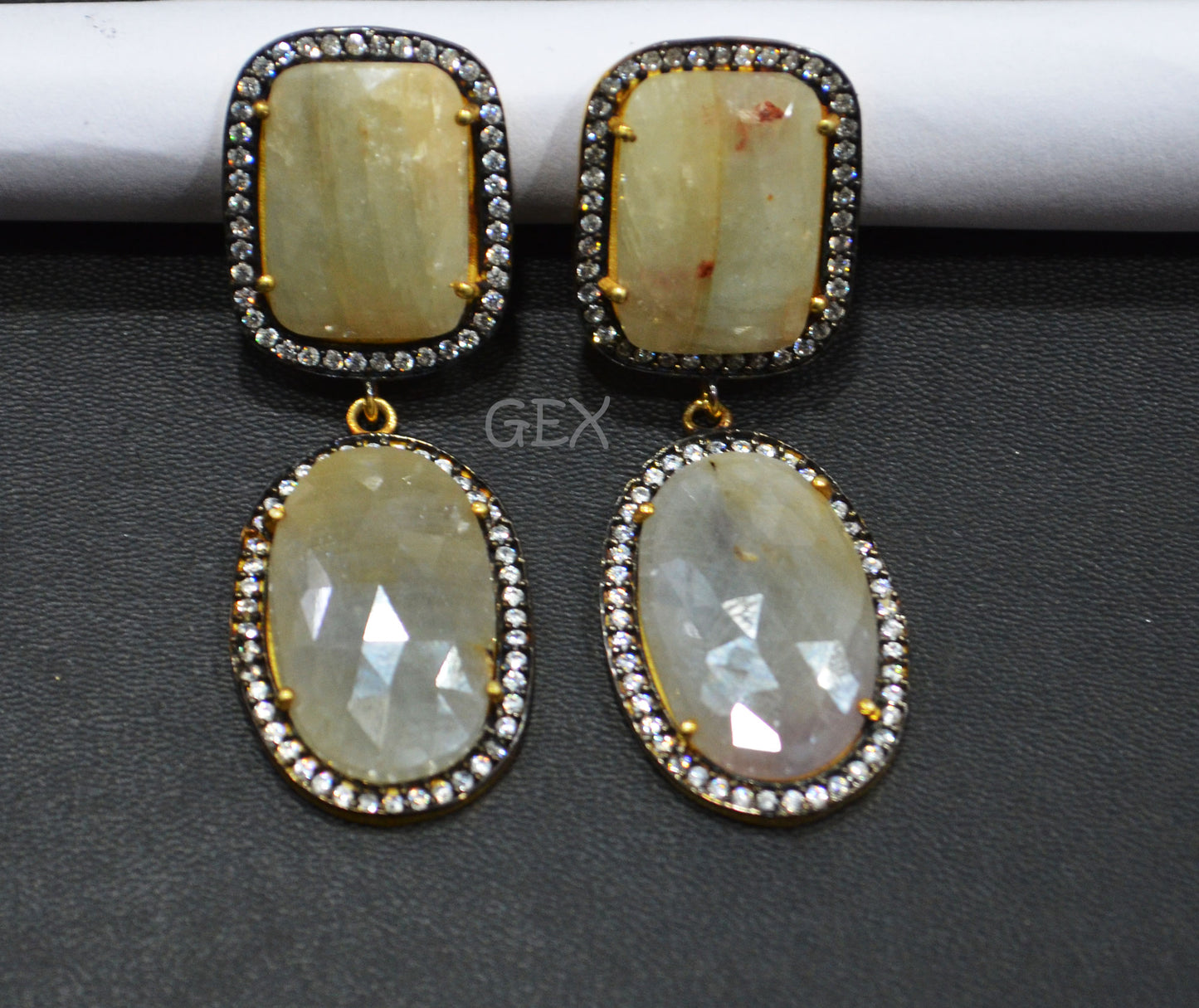 92.5 Sterling Silver Cream White And Gray Sapphire Faceted Fancy Shape Earring , Cream White And Gray Sapphire With Pave Cubic Zirconia Earring , 52 mm , E-036
