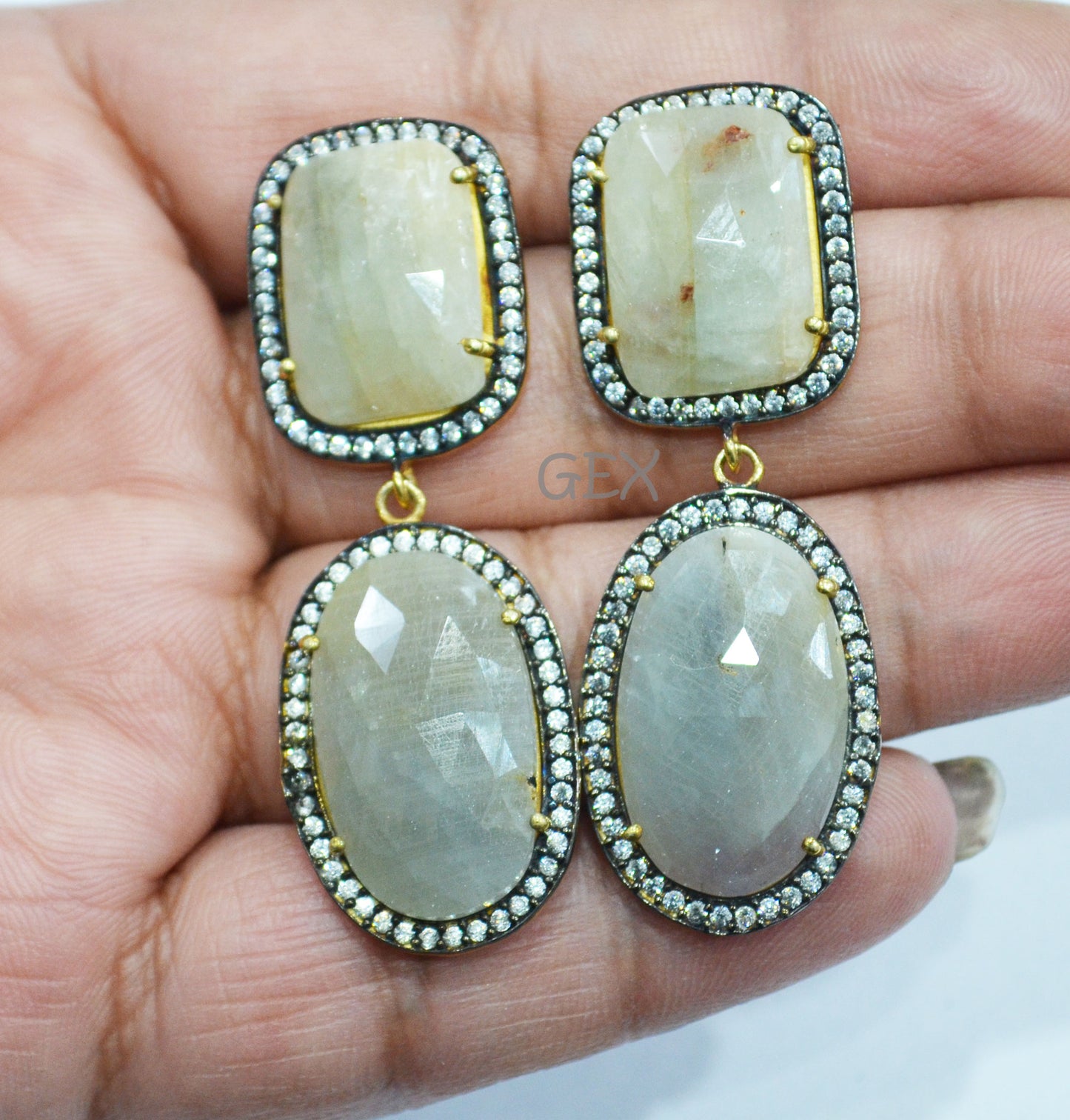 92.5 Sterling Silver Cream White And Gray Sapphire Faceted Fancy Shape Earring , Cream White And Gray Sapphire With Pave Cubic Zirconia Earring , 52 mm , E-036