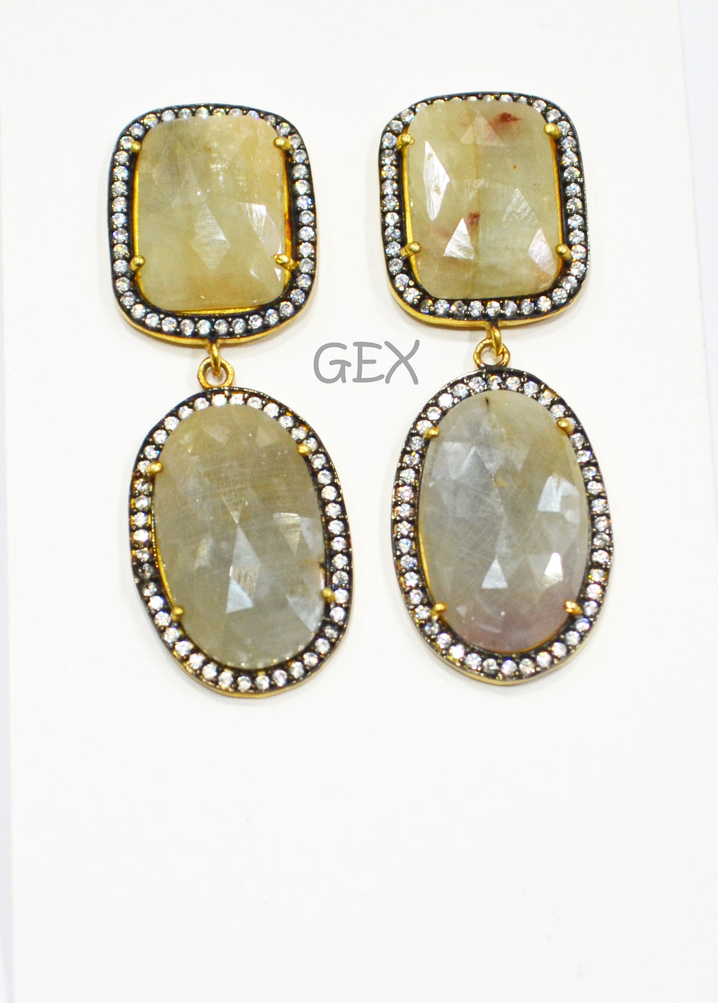 92.5 Sterling Silver Cream White And Gray Sapphire Faceted Fancy Shape Earring , Cream White And Gray Sapphire With Pave Cubic Zirconia Earring , 52 mm , E-036