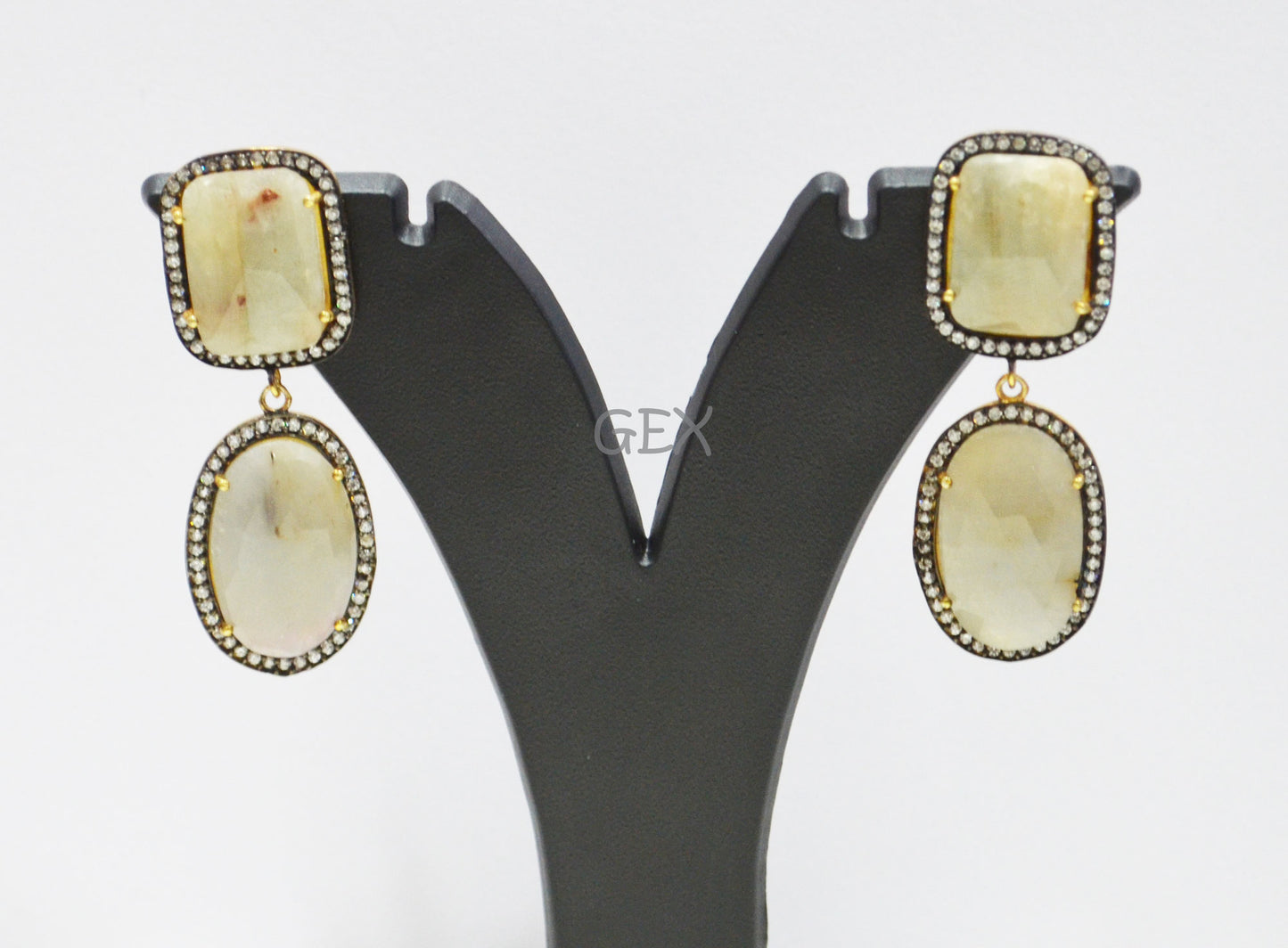 92.5 Sterling Silver Cream White And Gray Sapphire Faceted Fancy Shape Earring , Cream White And Gray Sapphire With Pave Cubic Zirconia Earring , 52 mm , E-036