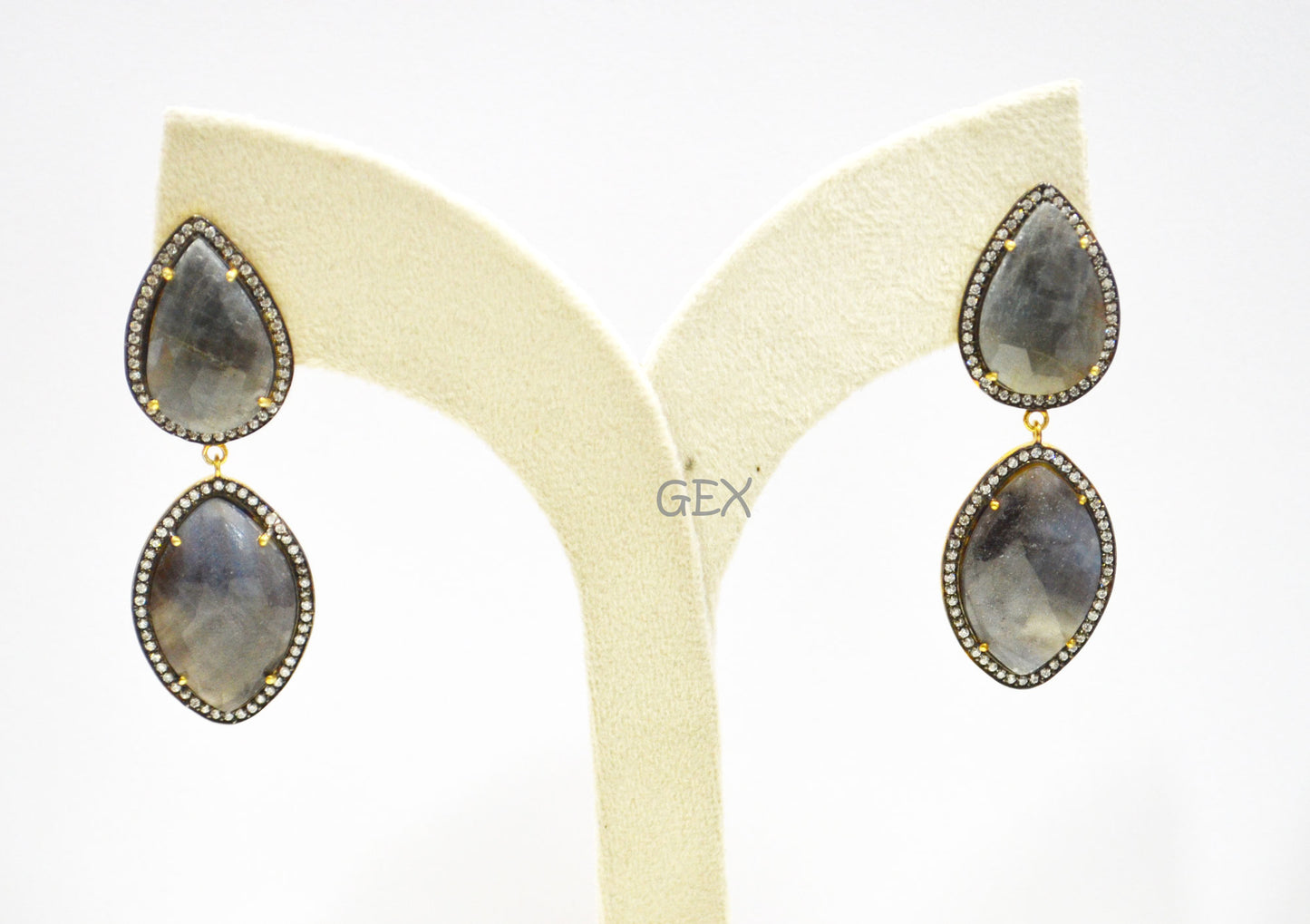 92.5 Sterling Silver Gray Sapphire Faceted Fancy Shape Earring , Gray Sapphire With Pave Cubic Zirconia Earring , 60 mm , E-039
