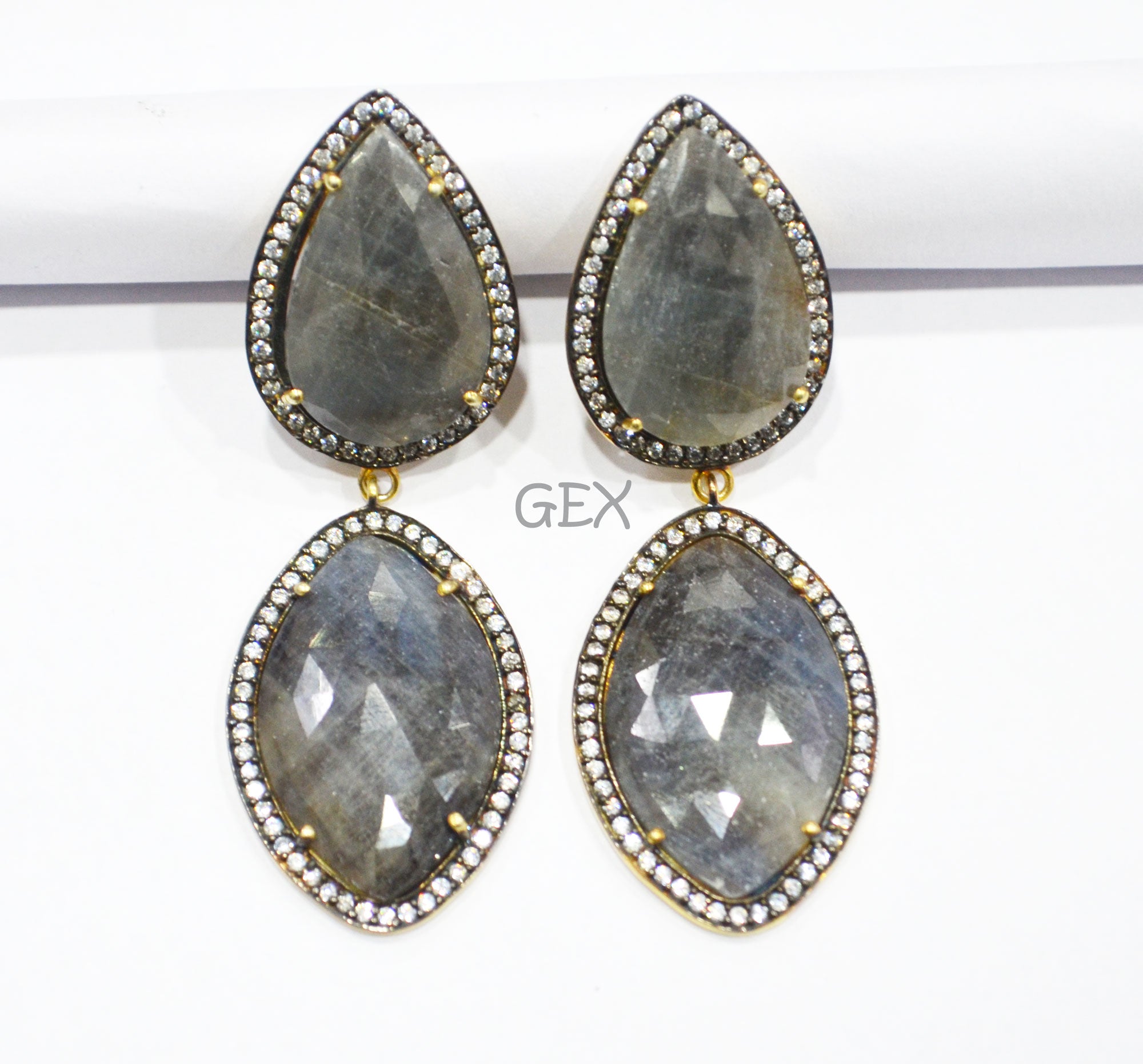 92.5 Sterling Silver Gray Sapphire Faceted Fancy Shape Earring , Gray Sapphire With Pave Cubic Zirconia Earring , 60 mm , E-039
