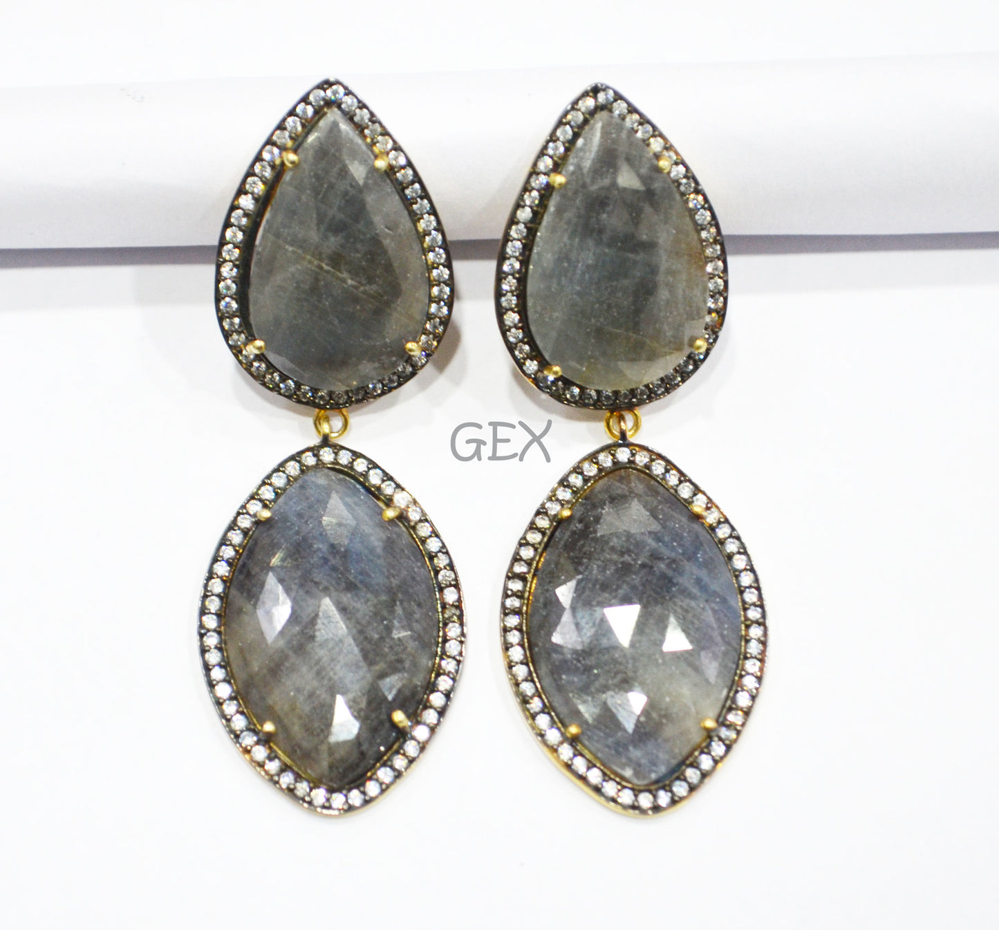 92.5 Sterling Silver Gray Sapphire Faceted Fancy Shape Earring , Gray Sapphire With Pave Cubic Zirconia Earring , 60 mm , E-039
