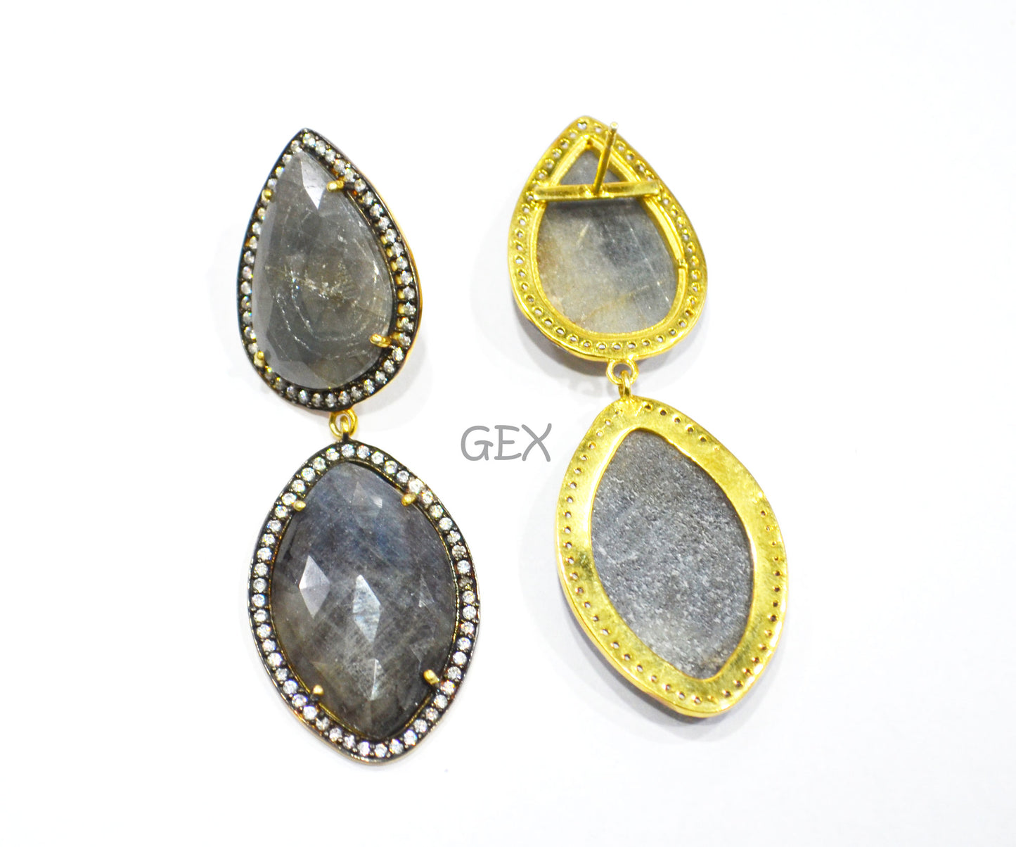92.5 Sterling Silver Gray Sapphire Faceted Fancy Shape Earring , Gray Sapphire With Pave Cubic Zirconia Earring , 60 mm , E-039