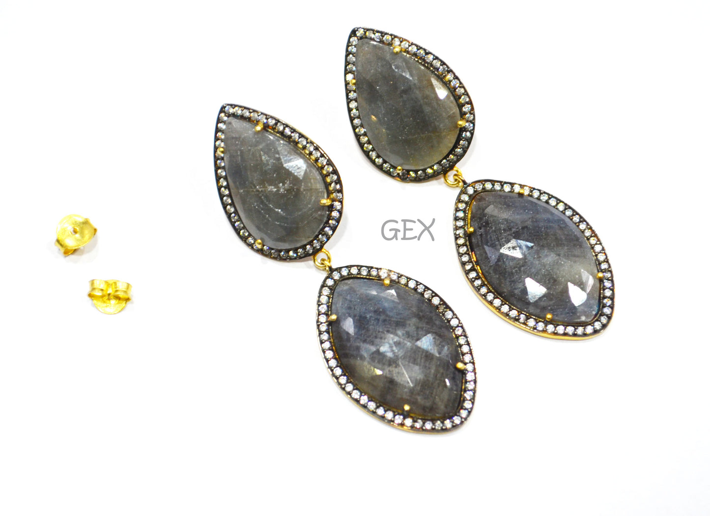 92.5 Sterling Silver Gray Sapphire Faceted Fancy Shape Earring , Gray Sapphire With Pave Cubic Zirconia Earring , 60 mm , E-039