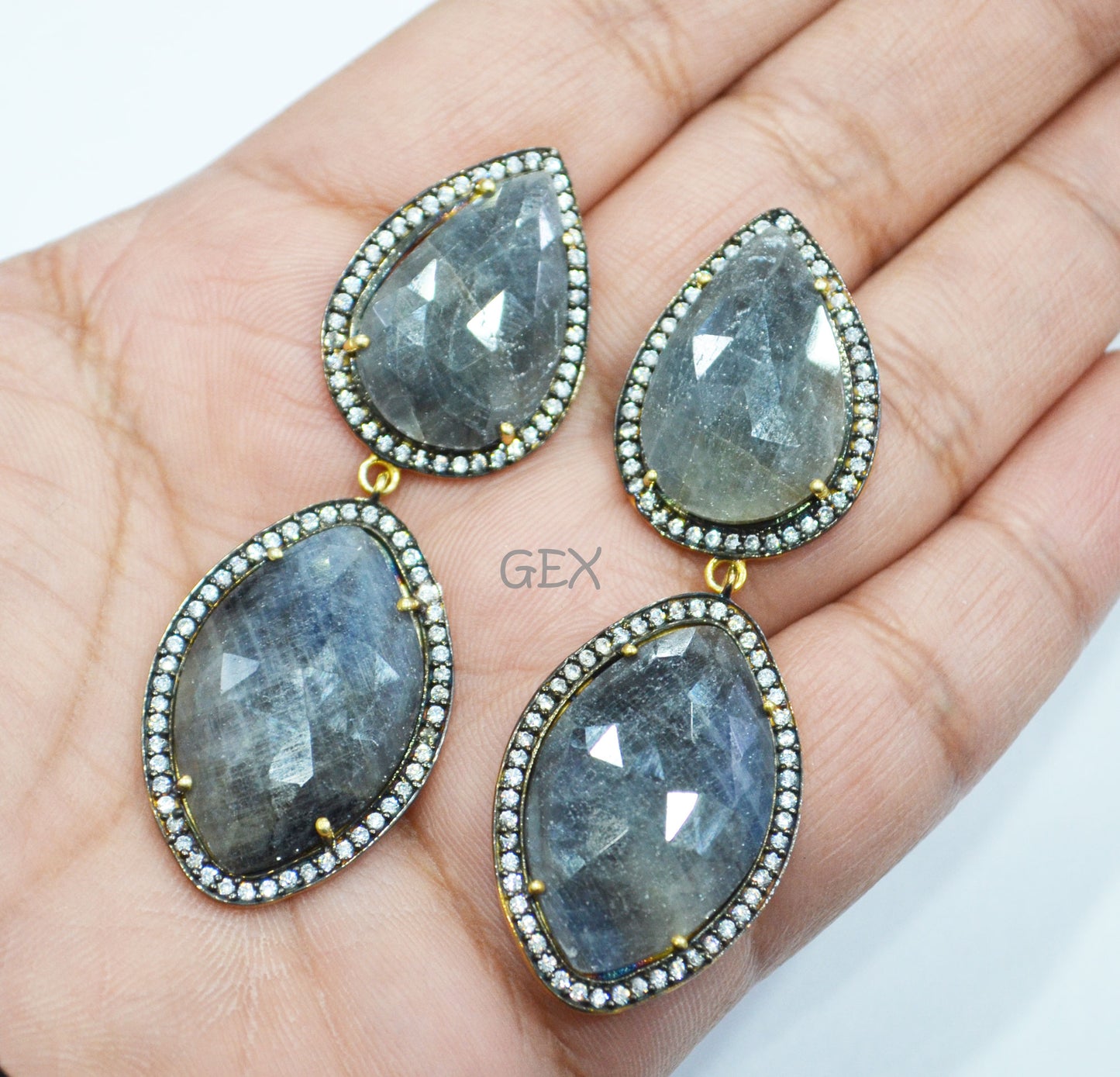 92.5 Sterling Silver Gray Sapphire Faceted Fancy Shape Earring , Gray Sapphire With Pave Cubic Zirconia Earring , 60 mm , E-039