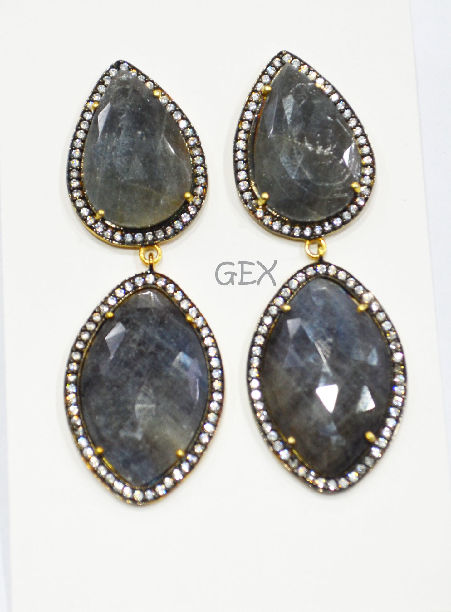 92.5 Sterling Silver Gray Sapphire Faceted Fancy Shape Earring , Gray Sapphire With Pave Cubic Zirconia Earring , 60 mm , E-039