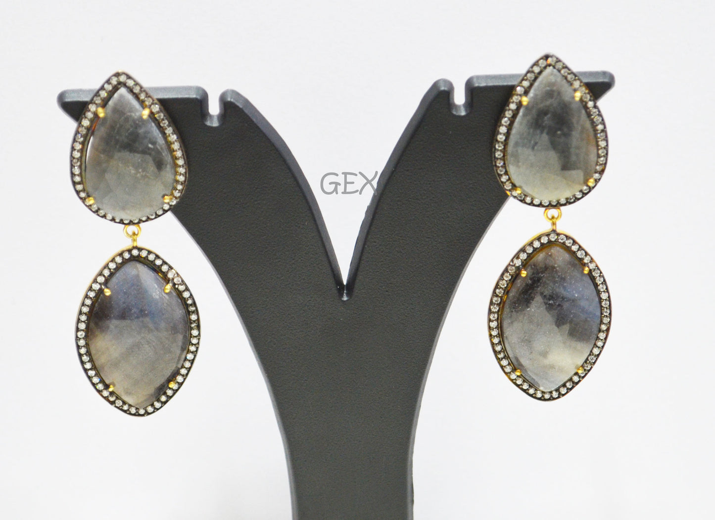 92.5 Sterling Silver Gray Sapphire Faceted Fancy Shape Earring , Gray Sapphire With Pave Cubic Zirconia Earring , 60 mm , E-039