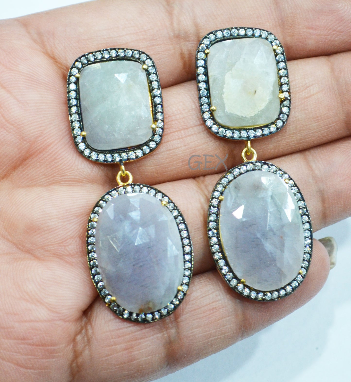 92.5 Sterling Silver Shaded White And Purple Sapphire Faceted Fancy Shape Earring , Shaded White And Purple Sapphire With Pave Cubic Zirconia Earring , 52 mm , E-041