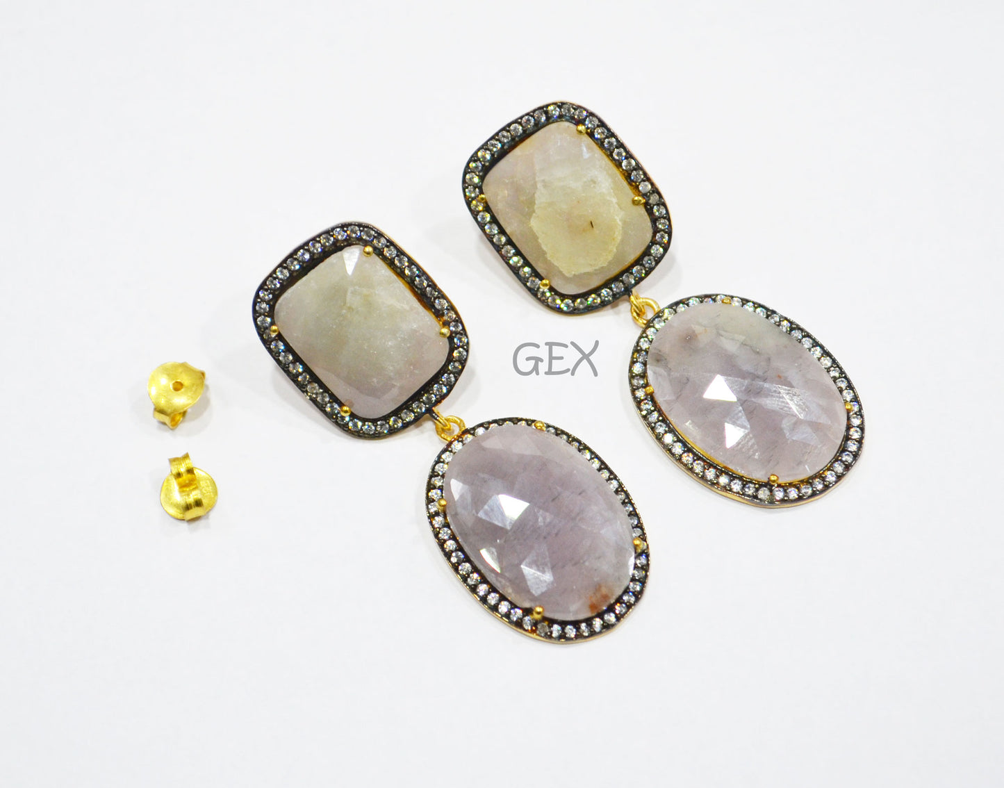 92.5 Sterling Silver Shaded White And Purple Sapphire Faceted Fancy Shape Earring , Shaded White And Purple Sapphire With Pave Cubic Zirconia Earring , 52 mm , E-041