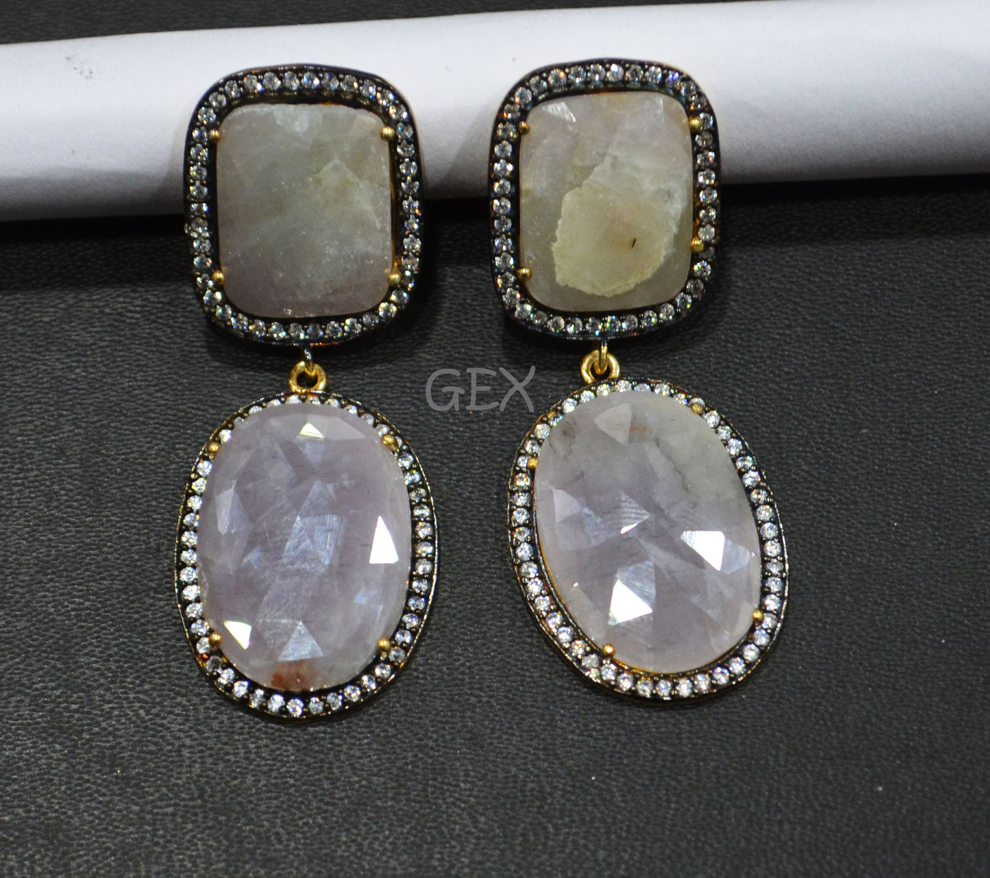 92.5 Sterling Silver Shaded White And Purple Sapphire Faceted Fancy Shape Earring , Shaded White And Purple Sapphire With Pave Cubic Zirconia Earring , 52 mm , E-041