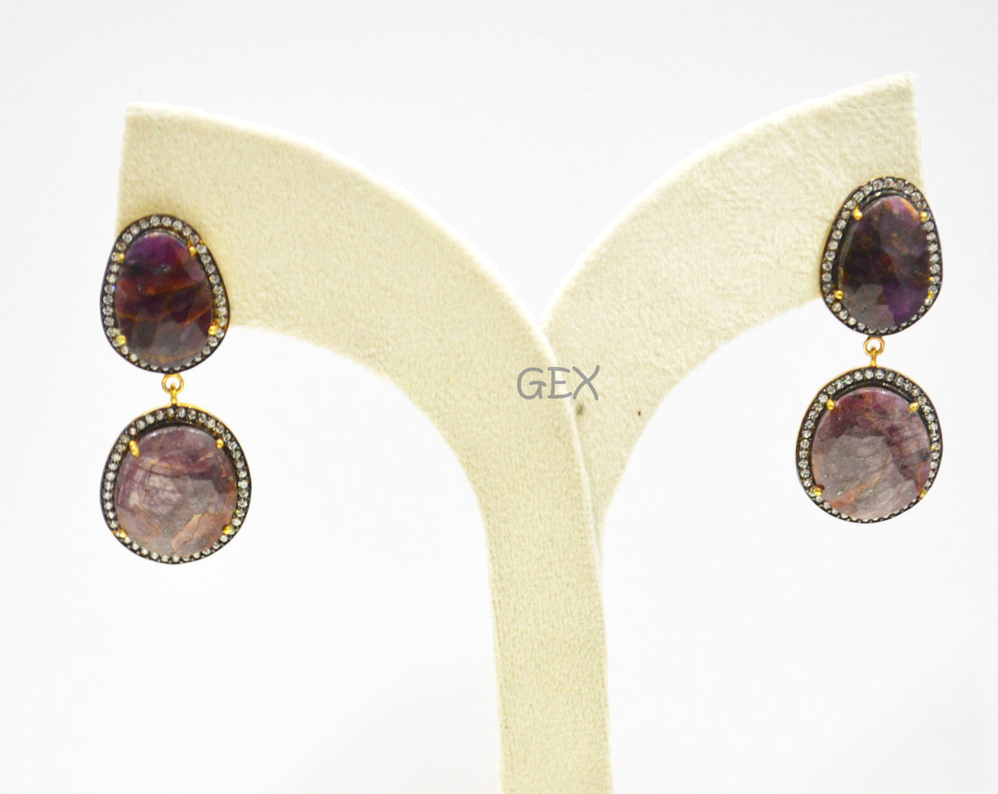 92.5 Sterling Silver Shaded Ruby Sapphire Faceted Fancy Shape Earring , Shaded Ruby Sapphire With Pave Cubic Zirconia Earring , 50 mm , E-040