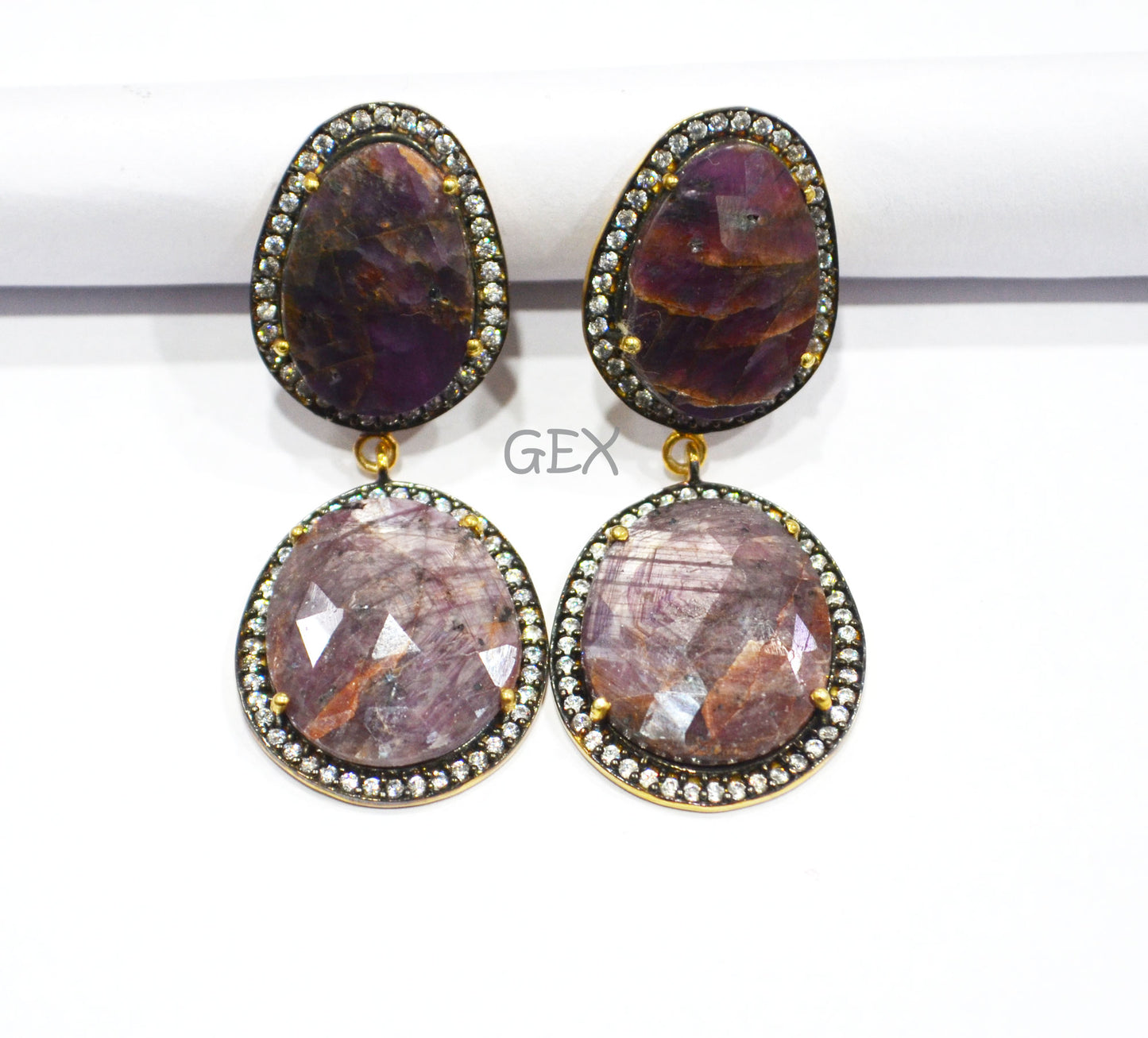 92.5 Sterling Silver Shaded Ruby Sapphire Faceted Fancy Shape Earring , Shaded Ruby Sapphire With Pave Cubic Zirconia Earring , 50 mm , E-040