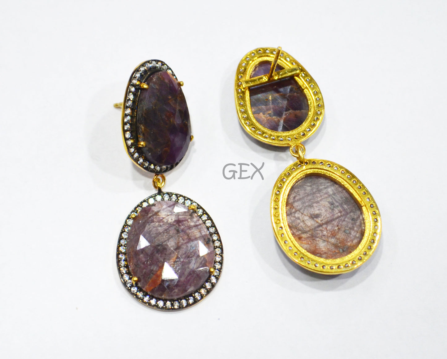92.5 Sterling Silver Shaded Ruby Sapphire Faceted Fancy Shape Earring , Shaded Ruby Sapphire With Pave Cubic Zirconia Earring , 50 mm , E-040