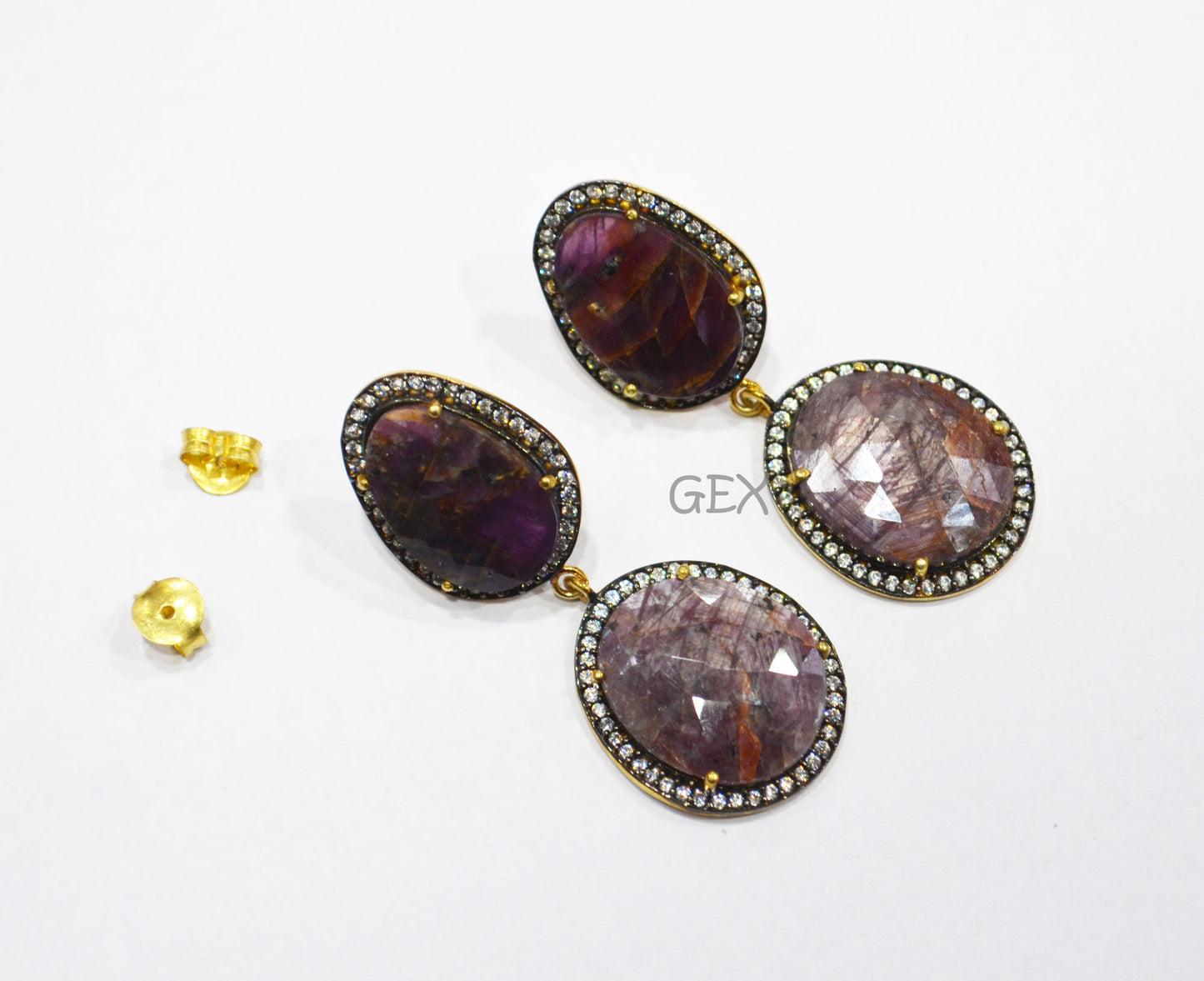 92.5 Sterling Silver Shaded Ruby Sapphire Faceted Fancy Shape Earring , Shaded Ruby Sapphire With Pave Cubic Zirconia Earring , 50 mm , E-040