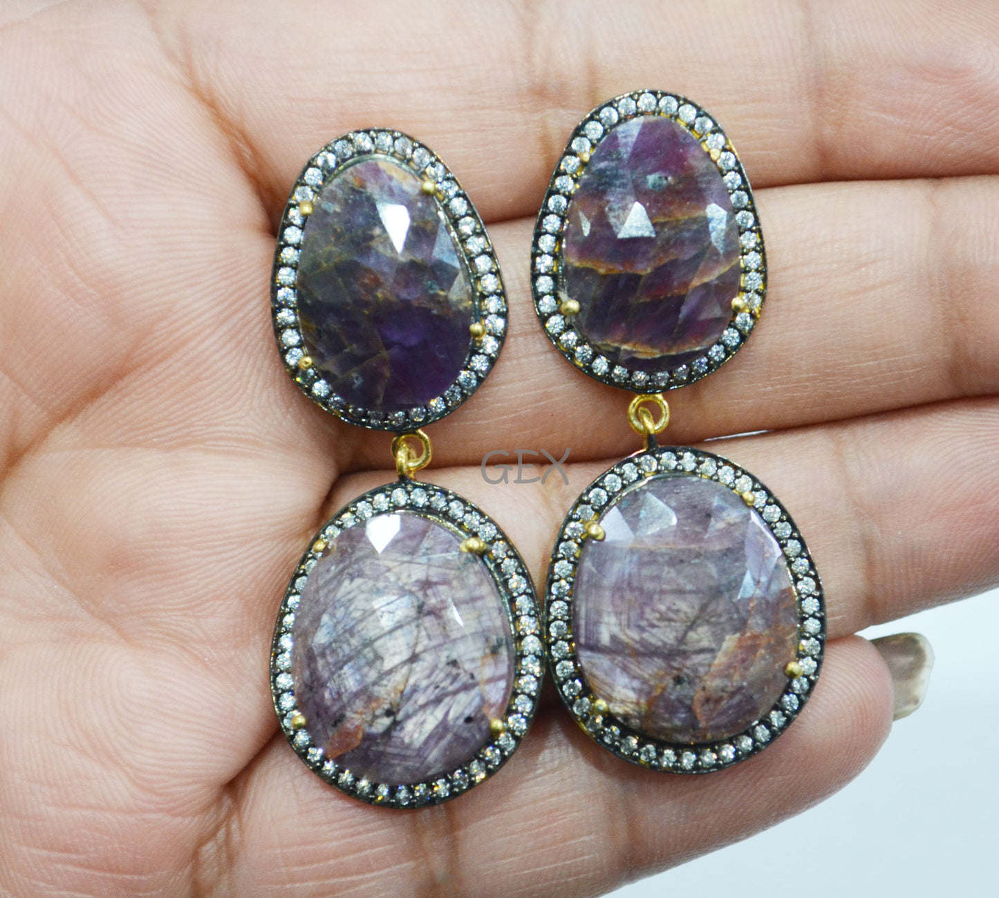 92.5 Sterling Silver Shaded Ruby Sapphire Faceted Fancy Shape Earring , Shaded Ruby Sapphire With Pave Cubic Zirconia Earring , 50 mm , E-040