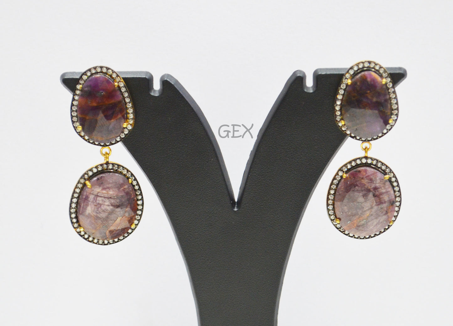 92.5 Sterling Silver Shaded Ruby Sapphire Faceted Fancy Shape Earring , Shaded Ruby Sapphire With Pave Cubic Zirconia Earring , 50 mm , E-040