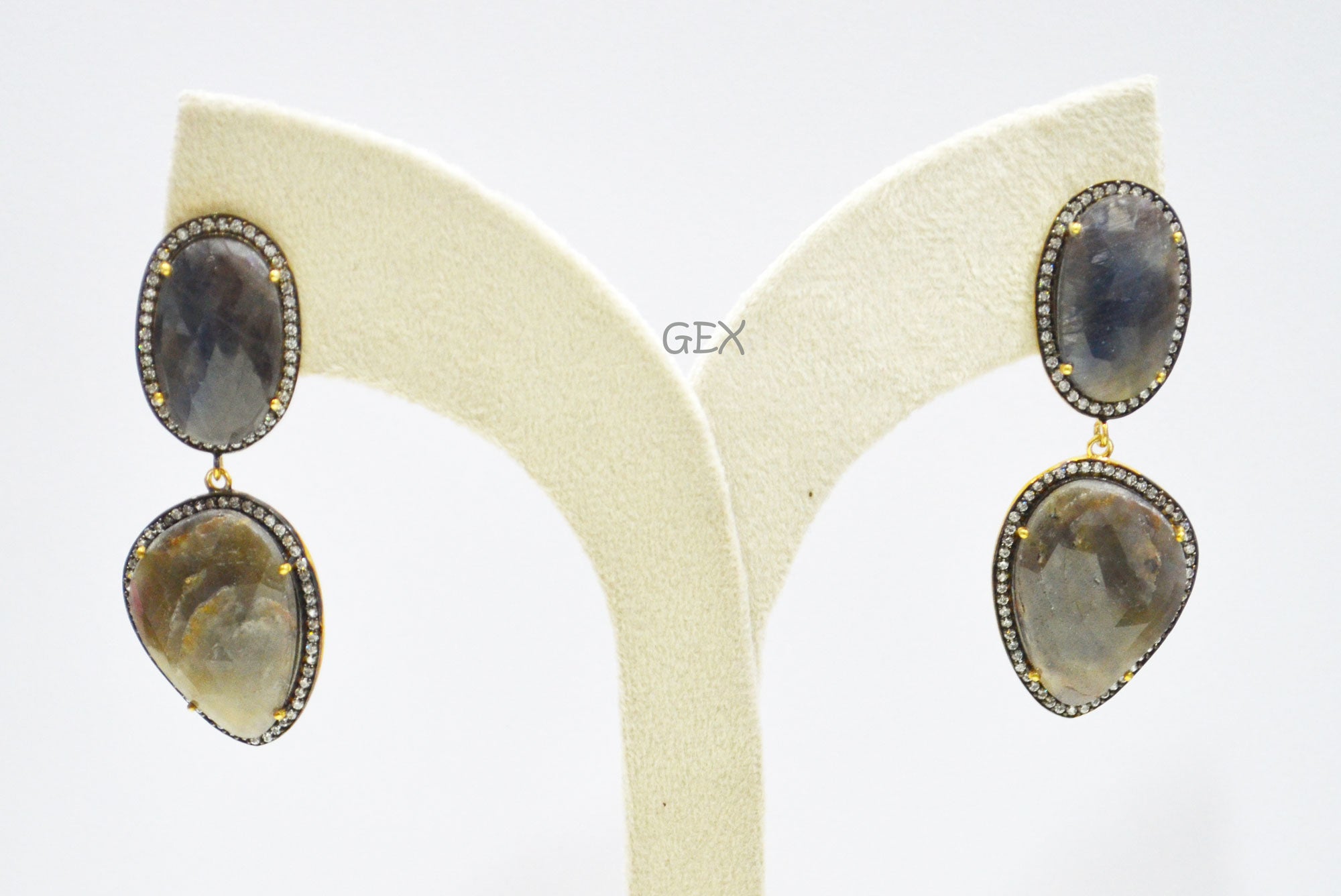 92.5 Sterling Silver Shaded Black And Gray Sapphire Faceted Fancy Shape Earring , Shaded Black And Gray Sapphire With Pave Cubic Zirconia Earring , 62 mm , E-042