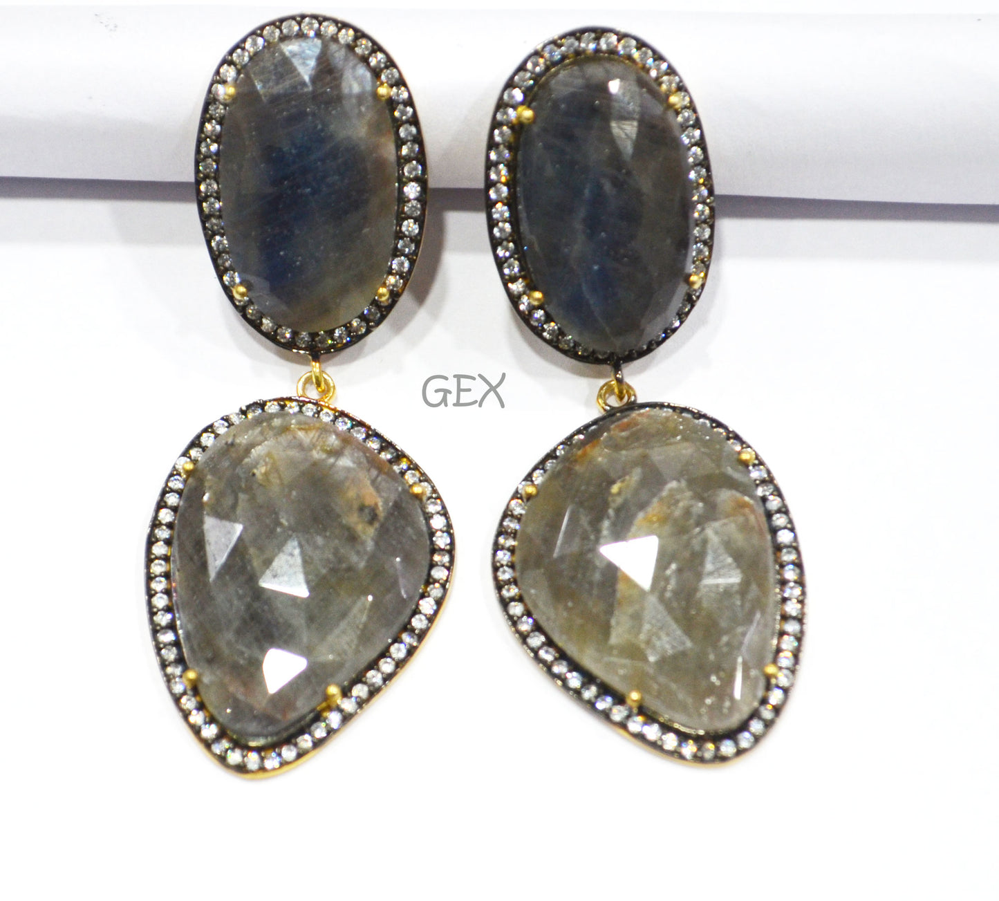 92.5 Sterling Silver Shaded Black And Gray Sapphire Faceted Fancy Shape Earring , Shaded Black And Gray Sapphire With Pave Cubic Zirconia Earring , 62 mm , E-042