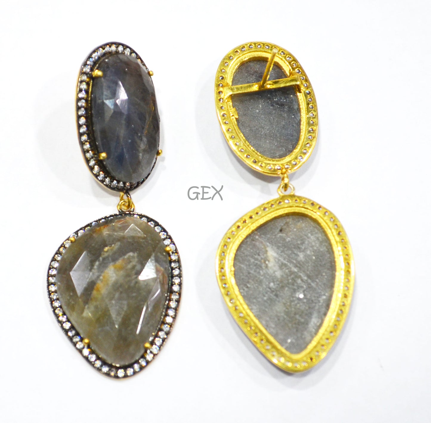 92.5 Sterling Silver Shaded Black And Gray Sapphire Faceted Fancy Shape Earring , Shaded Black And Gray Sapphire With Pave Cubic Zirconia Earring , 62 mm , E-042
