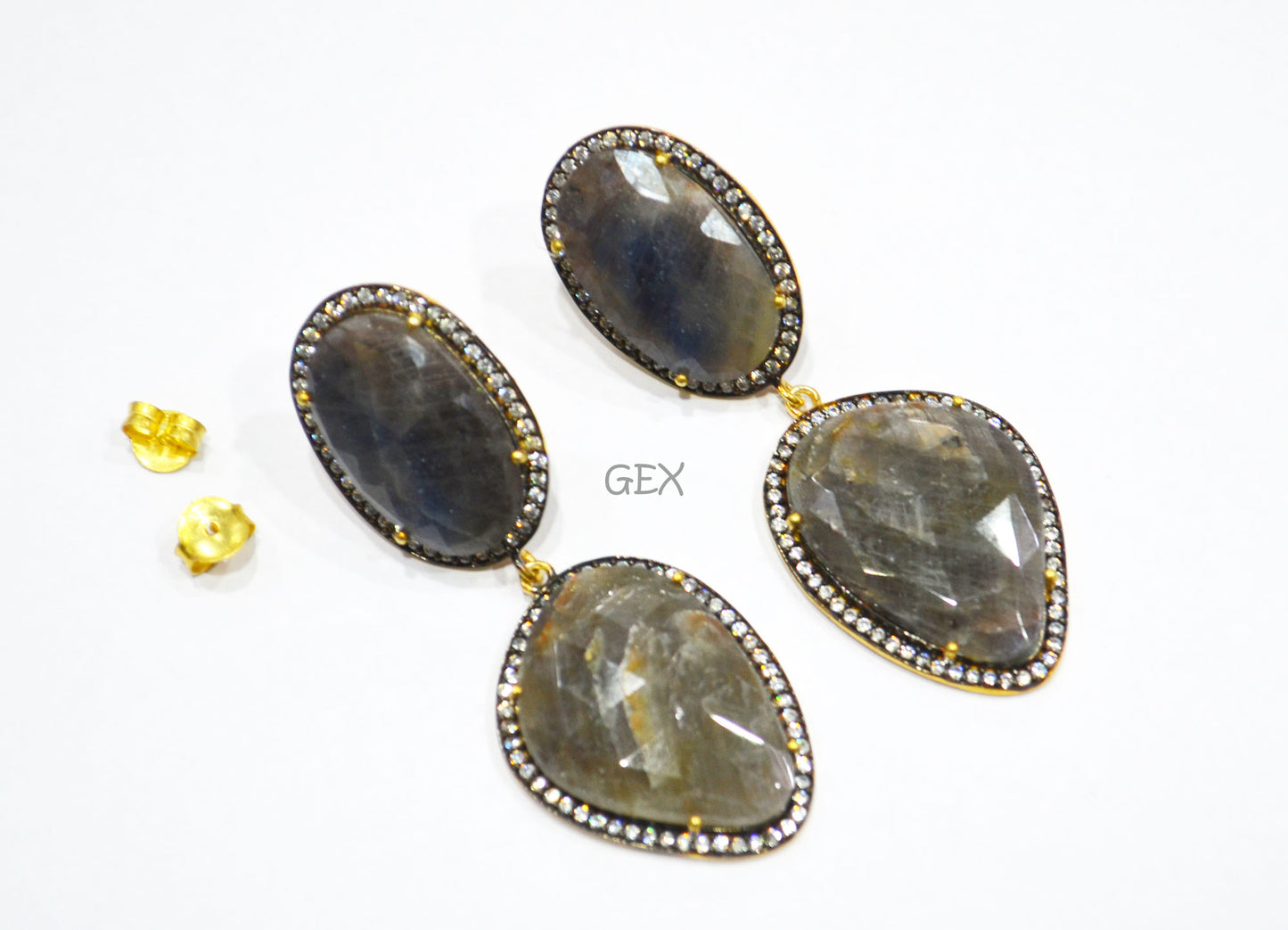 92.5 Sterling Silver Shaded Black And Gray Sapphire Faceted Fancy Shape Earring , Shaded Black And Gray Sapphire With Pave Cubic Zirconia Earring , 62 mm , E-042