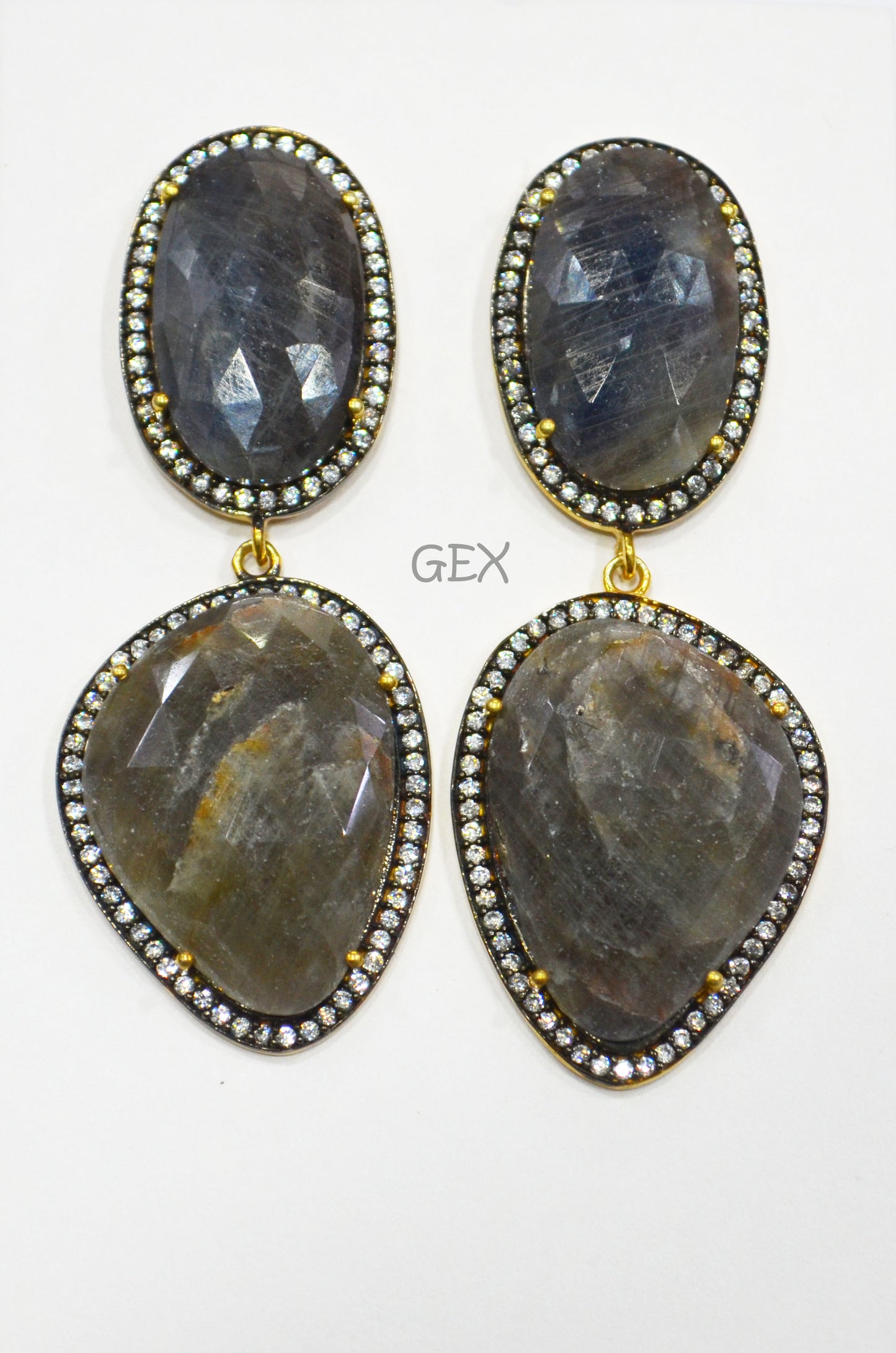 92.5 Sterling Silver Shaded Black And Gray Sapphire Faceted Fancy Shape Earring , Shaded Black And Gray Sapphire With Pave Cubic Zirconia Earring , 62 mm , E-042