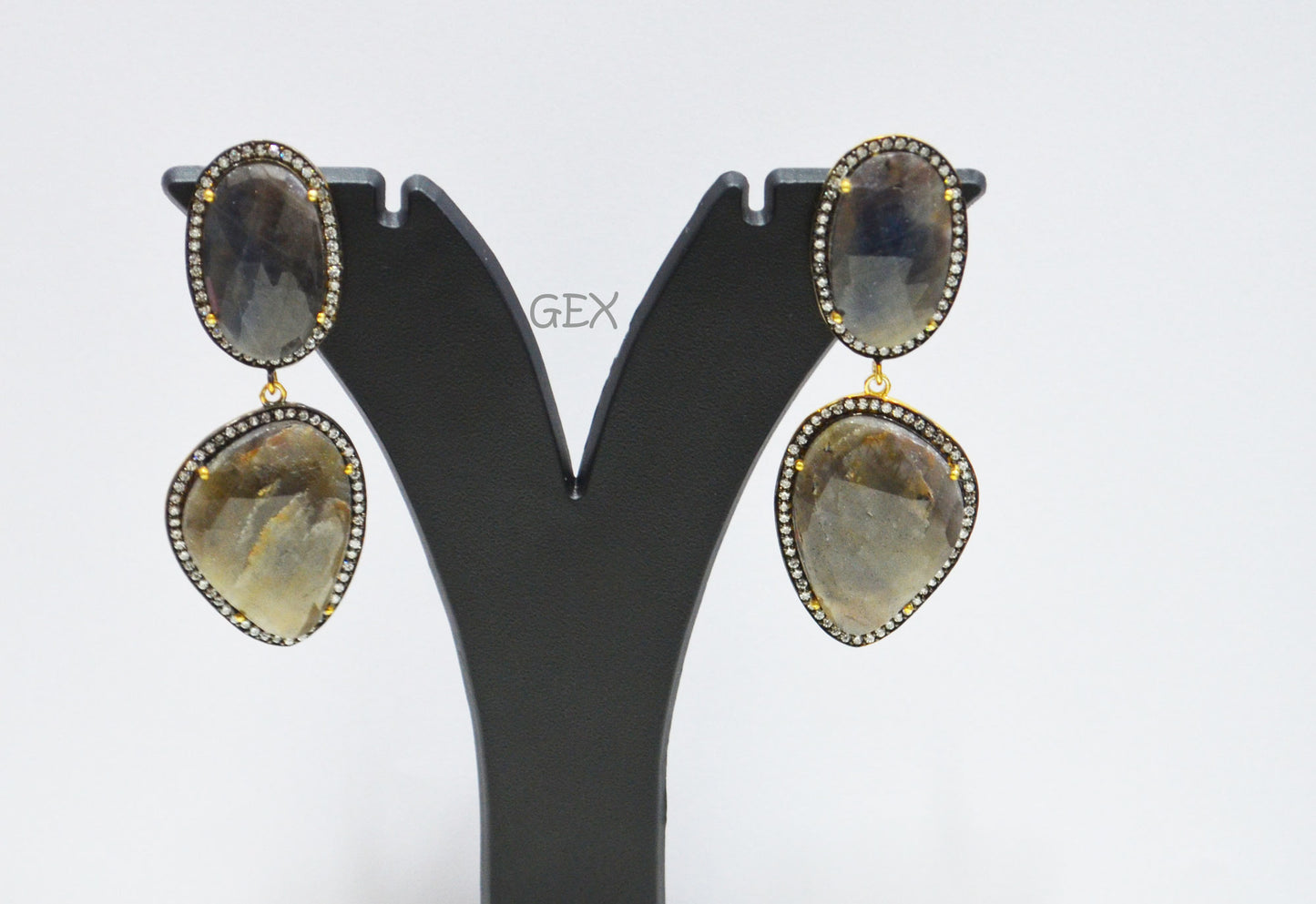 92.5 Sterling Silver Shaded Black And Gray Sapphire Faceted Fancy Shape Earring , Shaded Black And Gray Sapphire With Pave Cubic Zirconia Earring , 62 mm , E-042