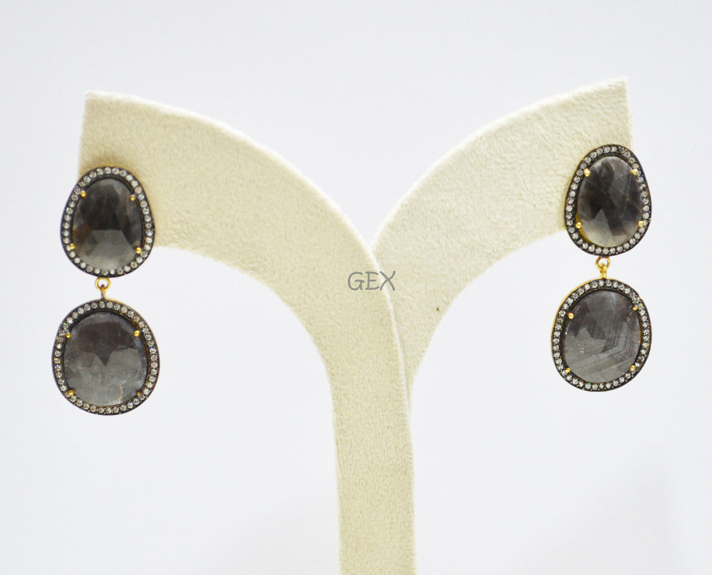 92.5 Sterling Silver Black Sapphire Faceted Fancy Shape Earring , Black Sapphire With Pave Cubic Zirconia Earring , 50 mm , E-043
