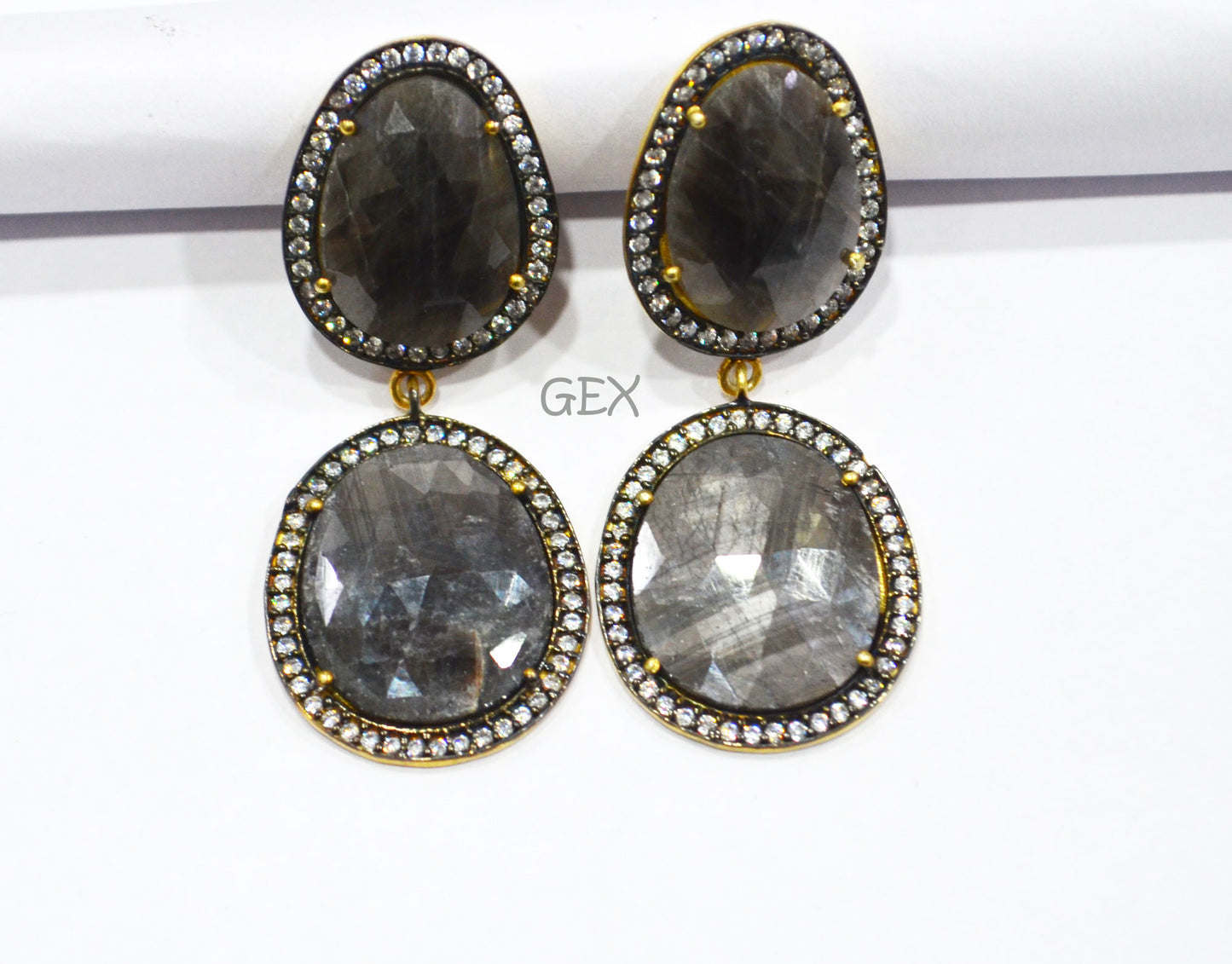 92.5 Sterling Silver Black Sapphire Faceted Fancy Shape Earring , Black Sapphire With Pave Cubic Zirconia Earring , 50 mm , E-043