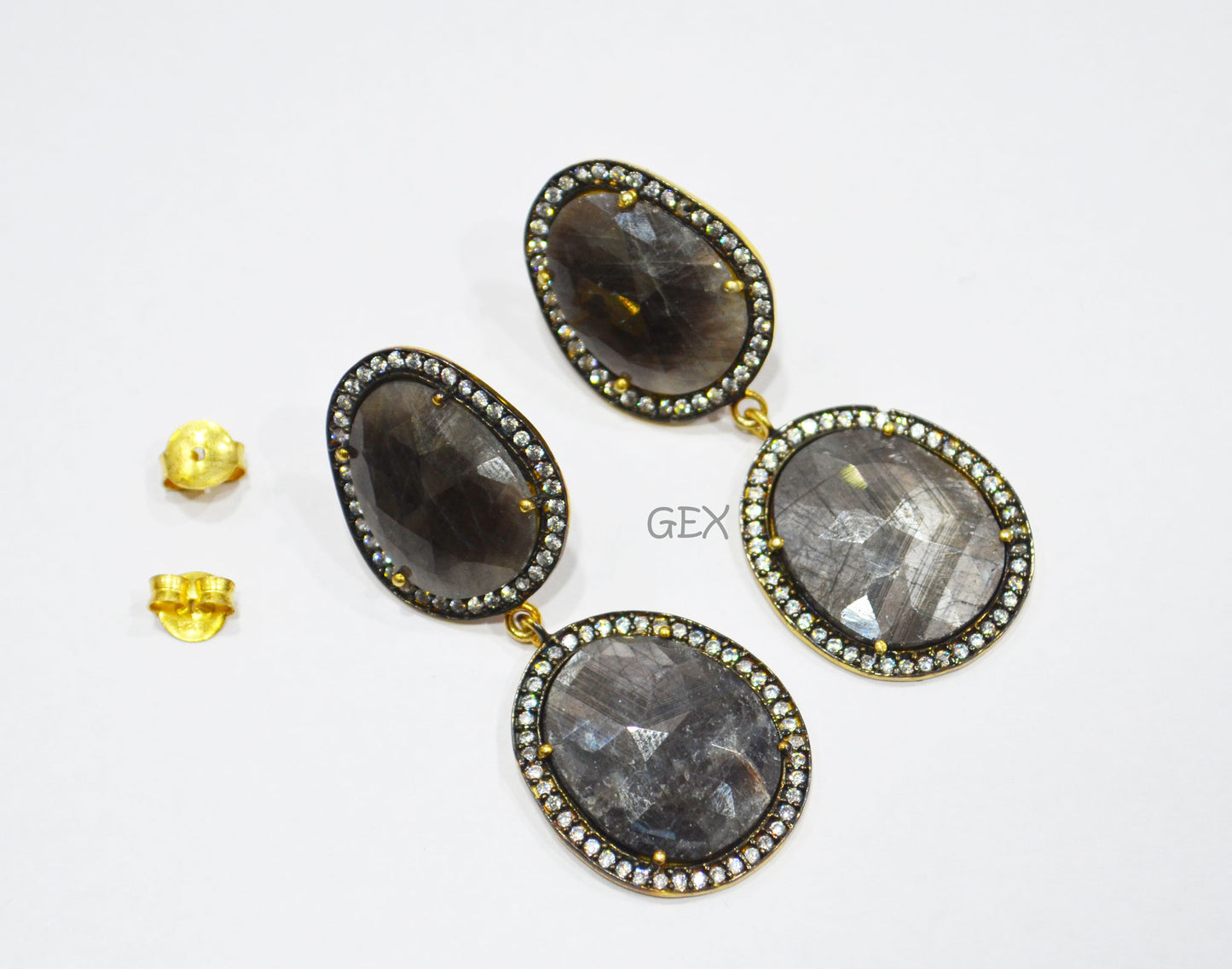 92.5 Sterling Silver Black Sapphire Faceted Fancy Shape Earring , Black Sapphire With Pave Cubic Zirconia Earring , 50 mm , E-043