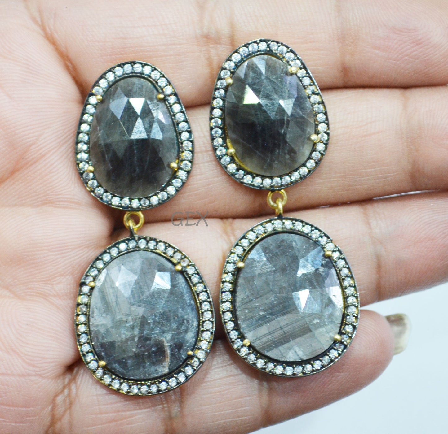92.5 Sterling Silver Black Sapphire Faceted Fancy Shape Earring , Black Sapphire With Pave Cubic Zirconia Earring , 50 mm , E-043