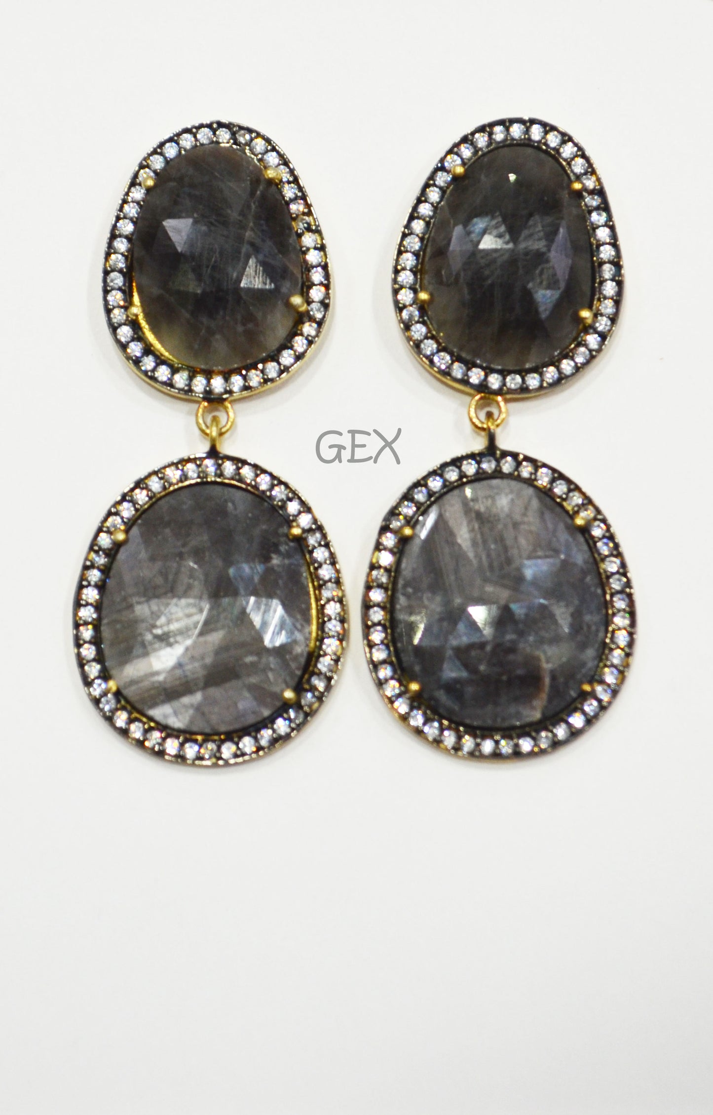 92.5 Sterling Silver Black Sapphire Faceted Fancy Shape Earring , Black Sapphire With Pave Cubic Zirconia Earring , 50 mm , E-043
