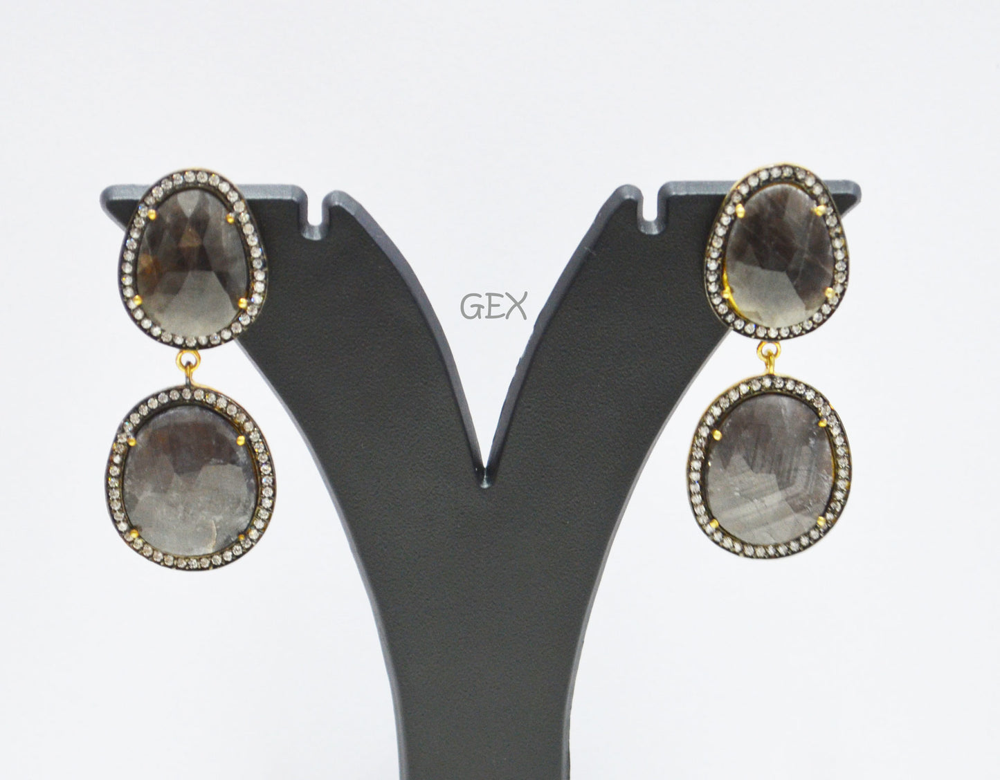 92.5 Sterling Silver Black Sapphire Faceted Fancy Shape Earring , Black Sapphire With Pave Cubic Zirconia Earring , 50 mm , E-043
