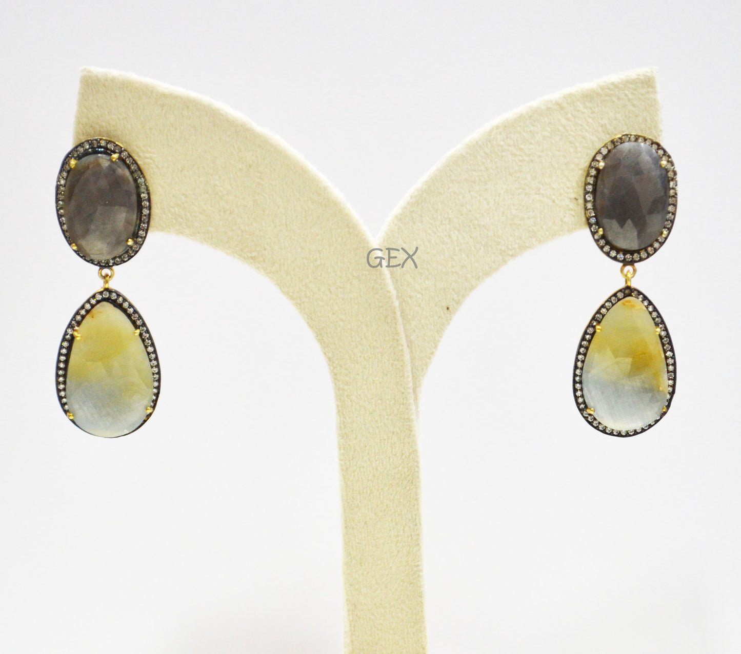 92.5 Sterling Silver Shaded Blue Green And Shiny Black Sapphire Faceted Fancy Shape Earring , Shaded Blue Green And Shiny Black Sapphire With Pave Cubic Zirconia Earring , 58 mm , E-044