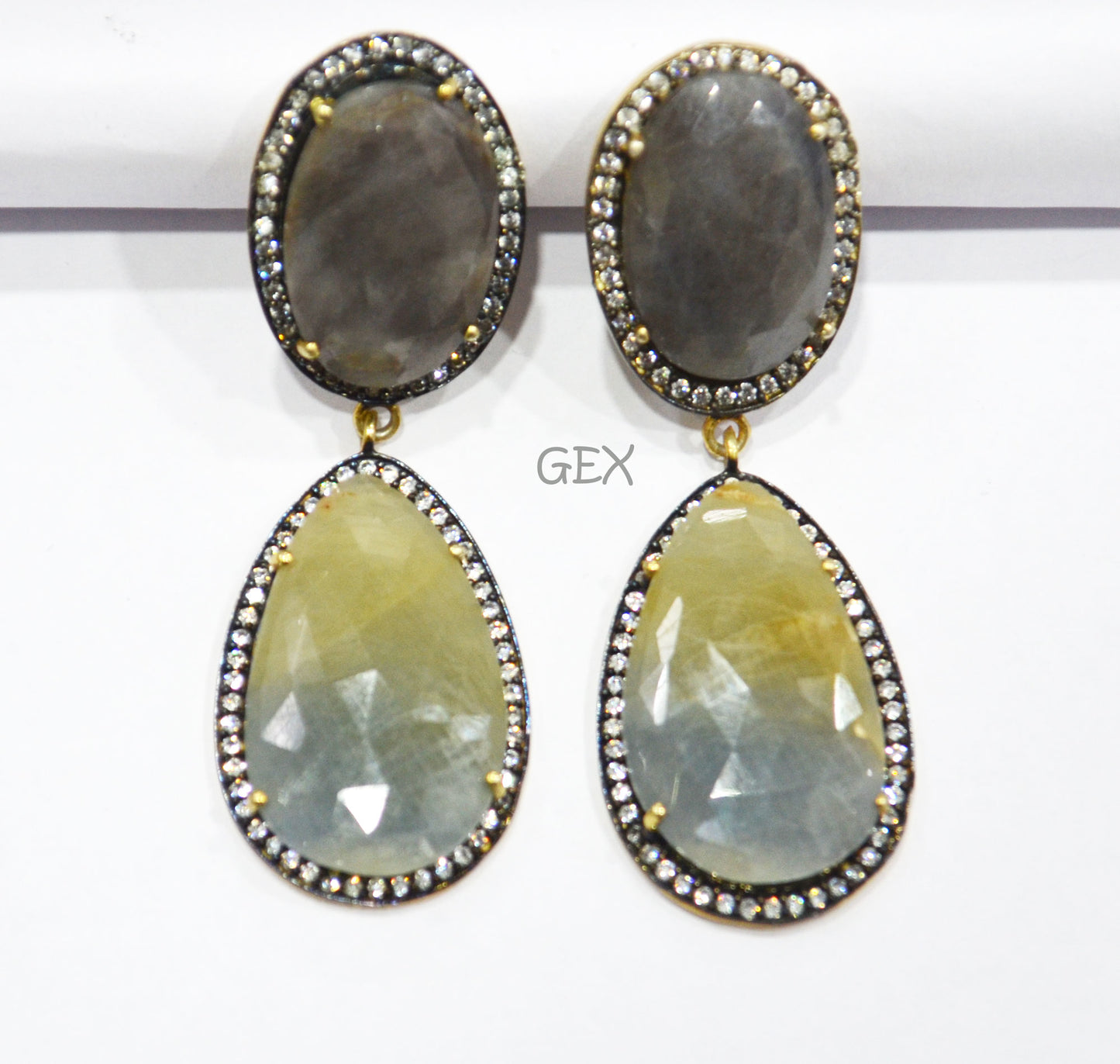 92.5 Sterling Silver Shaded Blue Green And Shiny Black Sapphire Faceted Fancy Shape Earring , Shaded Blue Green And Shiny Black Sapphire With Pave Cubic Zirconia Earring , 58 mm , E-044