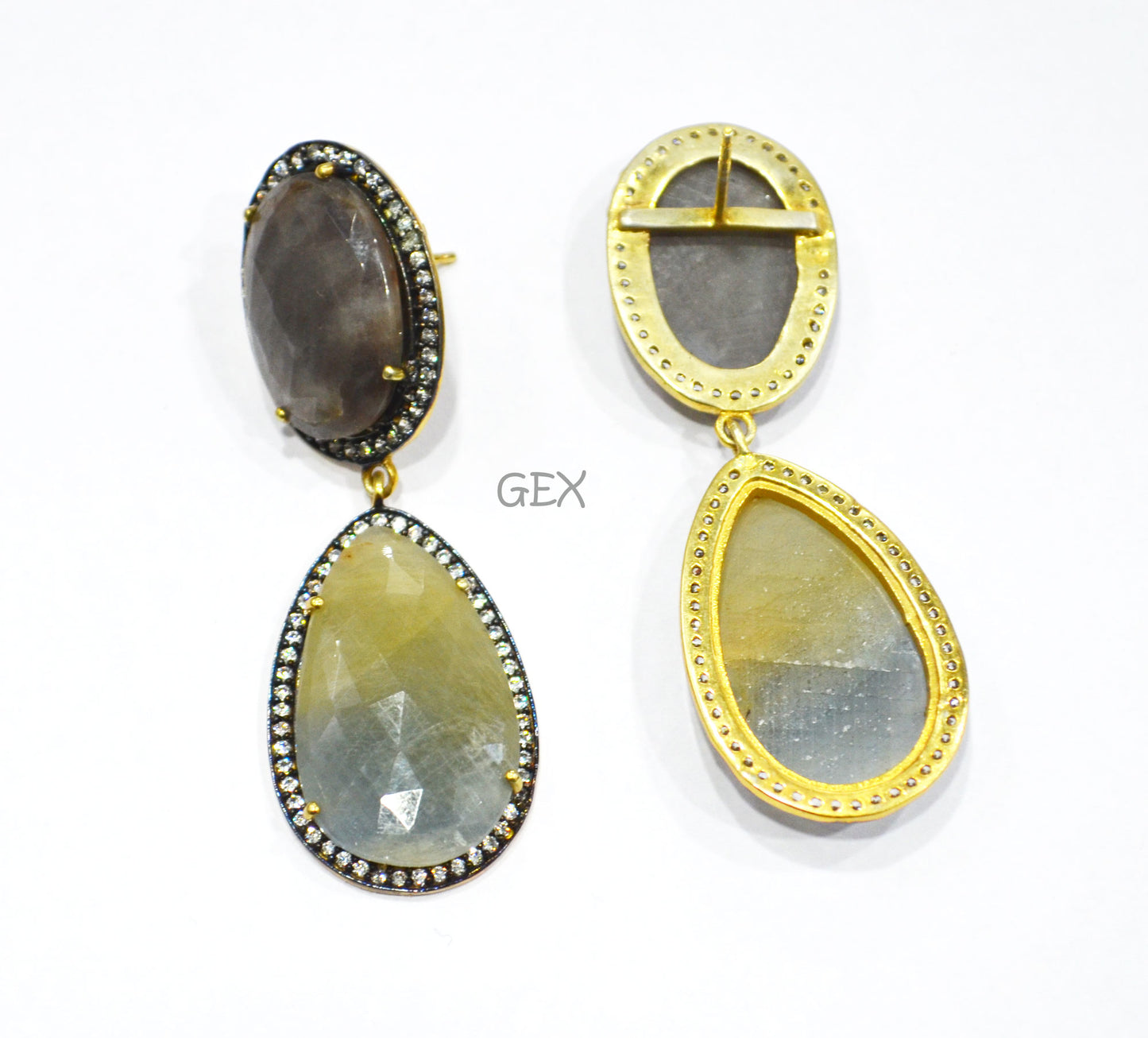 92.5 Sterling Silver Shaded Blue Green And Shiny Black Sapphire Faceted Fancy Shape Earring , Shaded Blue Green And Shiny Black Sapphire With Pave Cubic Zirconia Earring , 58 mm , E-044