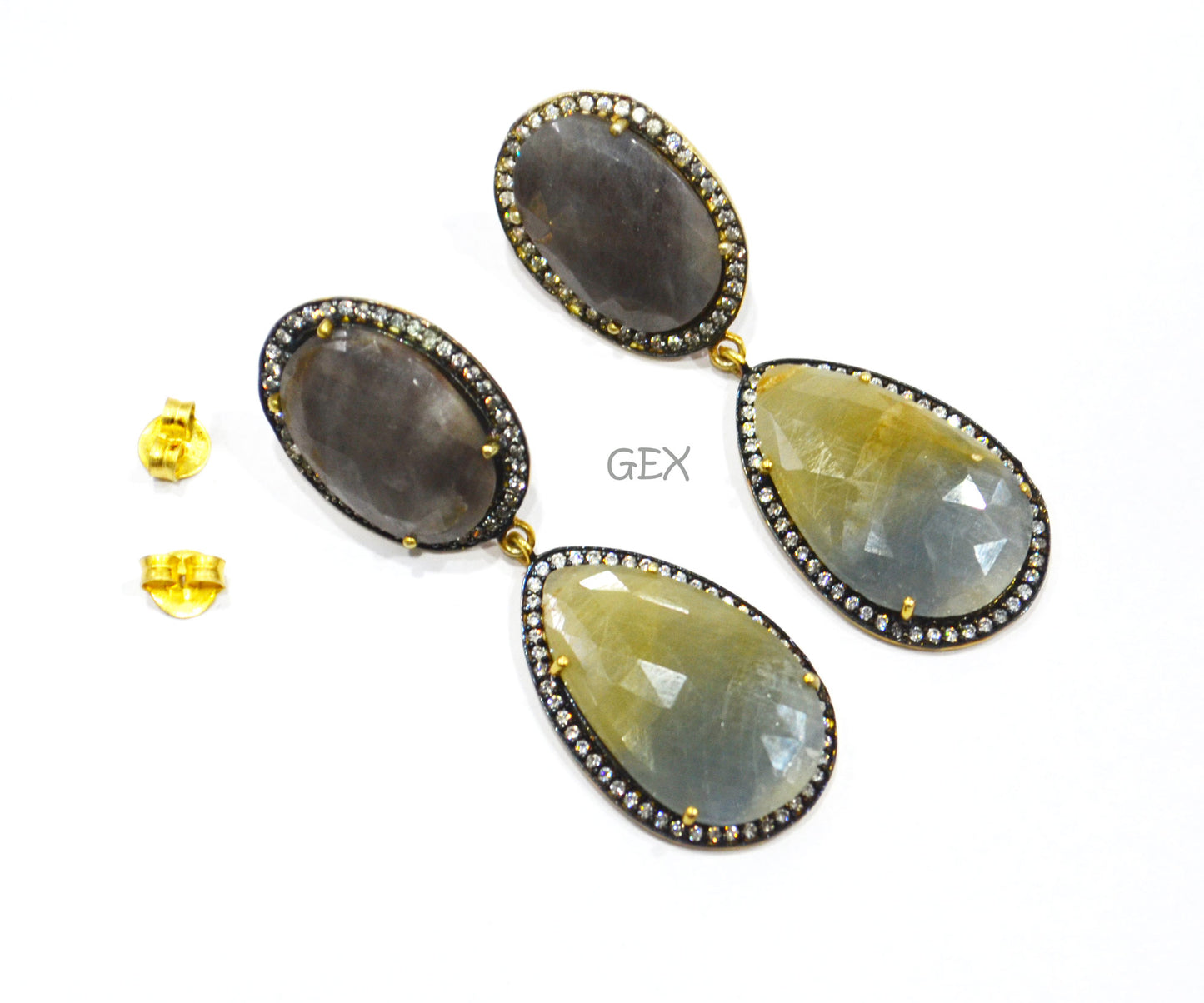 92.5 Sterling Silver Shaded Blue Green And Shiny Black Sapphire Faceted Fancy Shape Earring , Shaded Blue Green And Shiny Black Sapphire With Pave Cubic Zirconia Earring , 58 mm , E-044