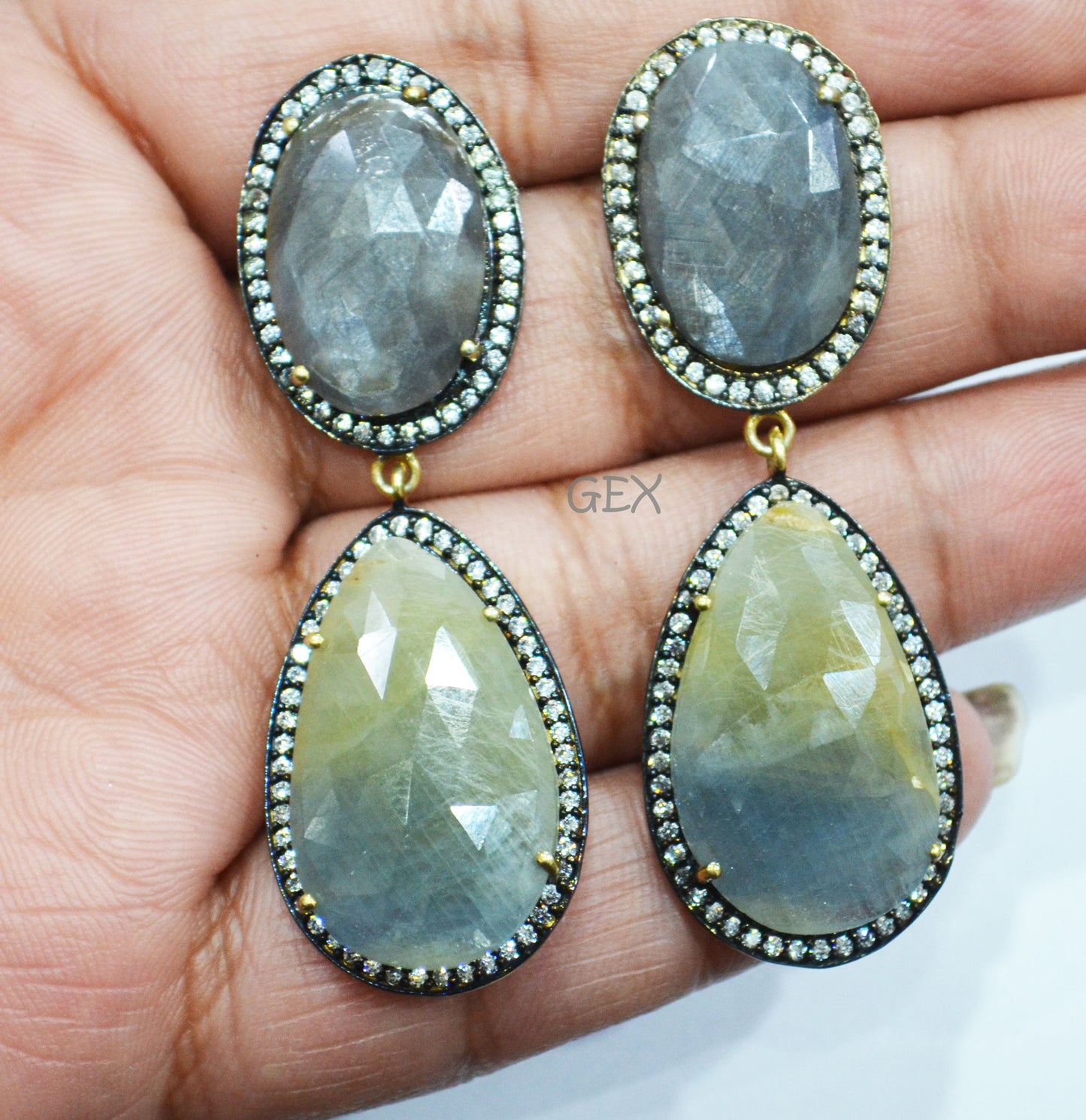 92.5 Sterling Silver Shaded Blue Green And Shiny Black Sapphire Faceted Fancy Shape Earring , Shaded Blue Green And Shiny Black Sapphire With Pave Cubic Zirconia Earring , 58 mm , E-044