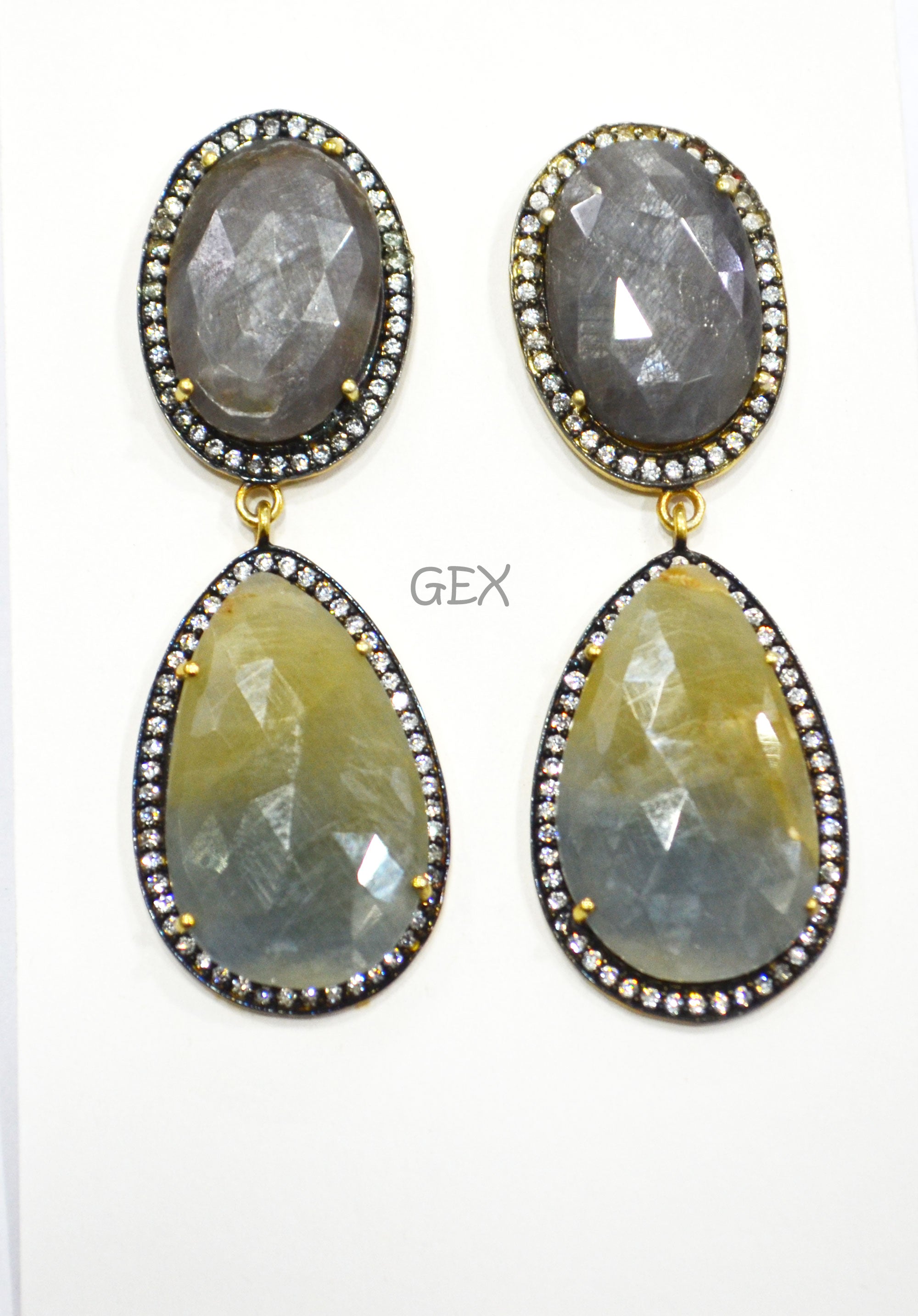 92.5 Sterling Silver Shaded Blue Green And Shiny Black Sapphire Faceted Fancy Shape Earring , Shaded Blue Green And Shiny Black Sapphire With Pave Cubic Zirconia Earring , 58 mm , E-044