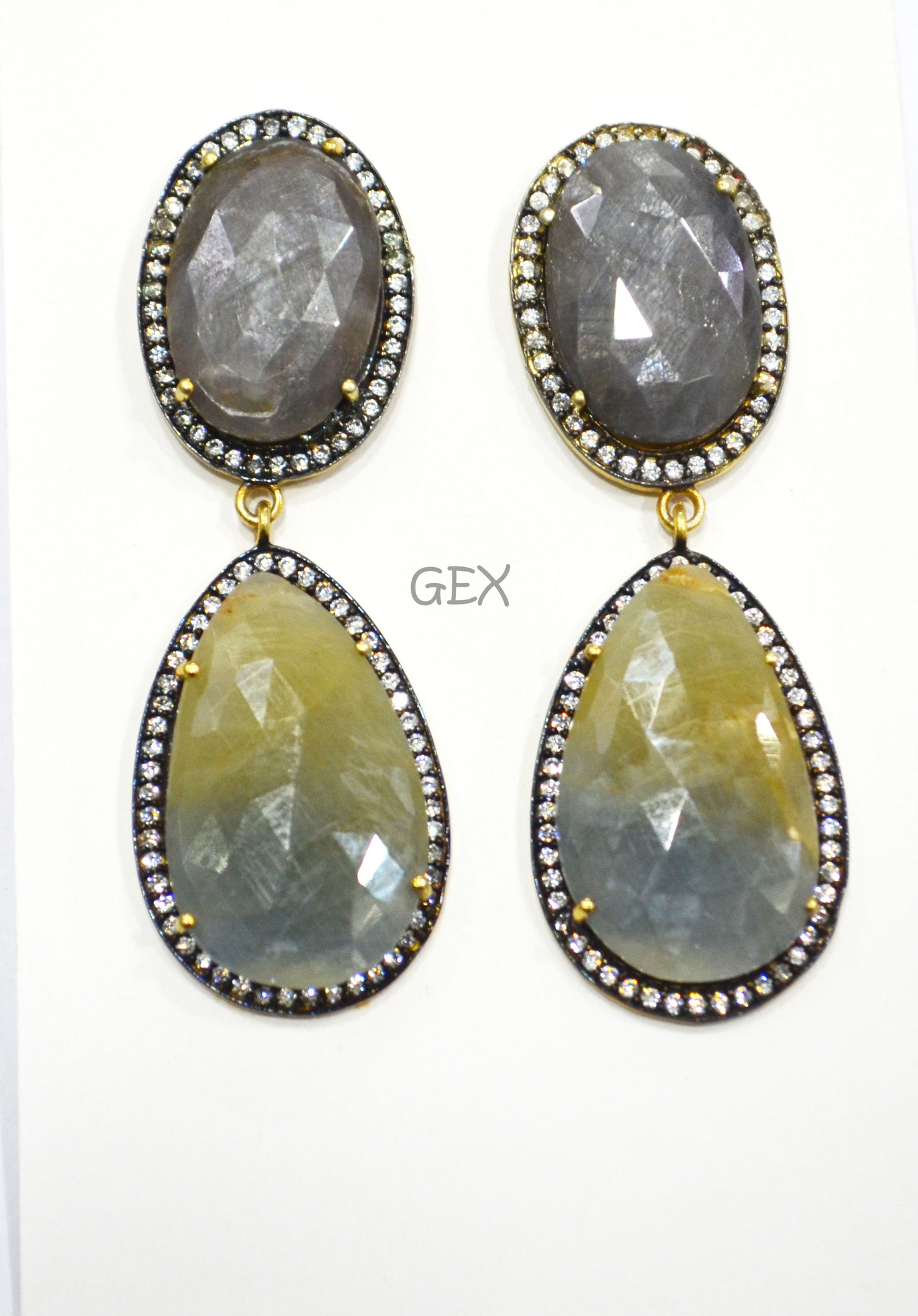 92.5 Sterling Silver Shaded Blue Green And Shiny Black Sapphire Faceted Fancy Shape Earring , Shaded Blue Green And Shiny Black Sapphire With Pave Cubic Zirconia Earring , 58 mm , E-044