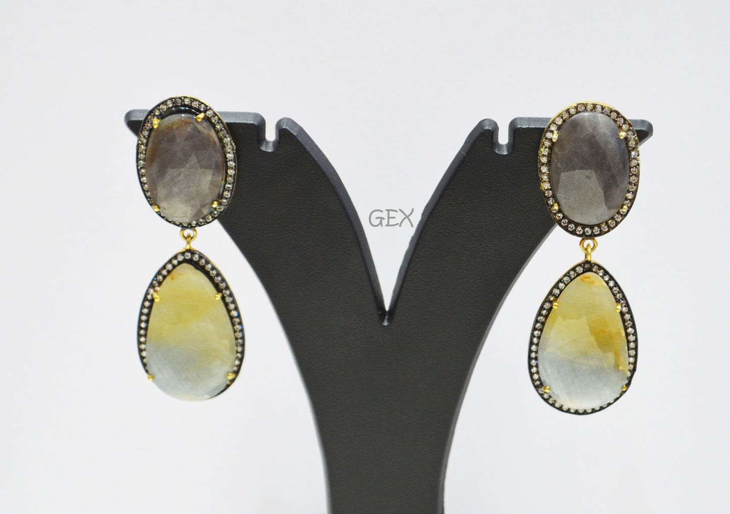 92.5 Sterling Silver Shaded Blue Green And Shiny Black Sapphire Faceted Fancy Shape Earring , Shaded Blue Green And Shiny Black Sapphire With Pave Cubic Zirconia Earring , 58 mm , E-044
