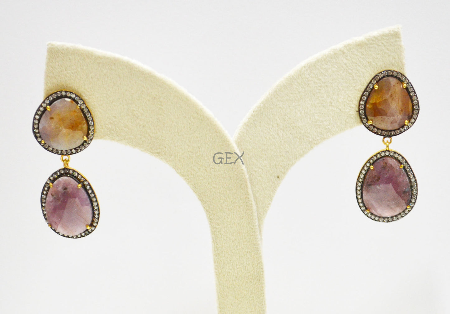 92.5 Sterling Silver Shaded Orange And Purple Sapphire Faceted Fancy Shape Earring , Shaded Orange And Purple Sapphire With Pave Cubic Zirconia Earring , 50 mm , E-045