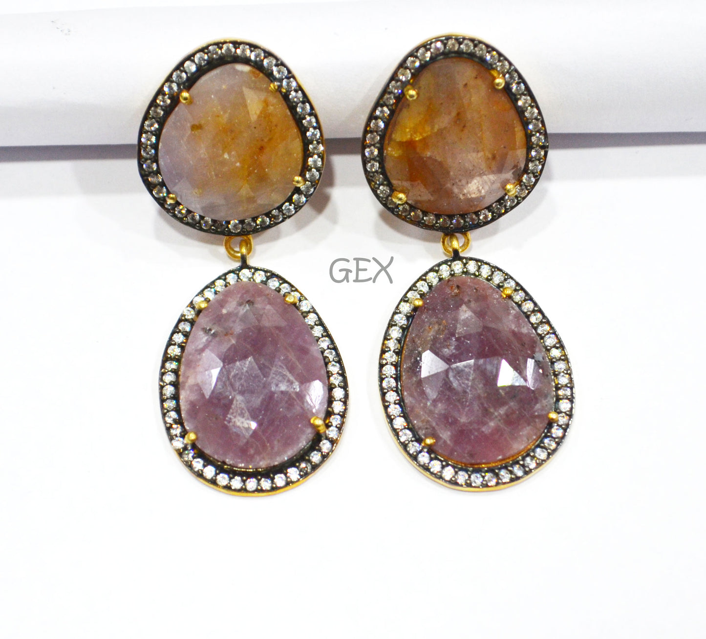92.5 Sterling Silver Shaded Orange And Purple Sapphire Faceted Fancy Shape Earring , Shaded Orange And Purple Sapphire With Pave Cubic Zirconia Earring , 50 mm , E-045