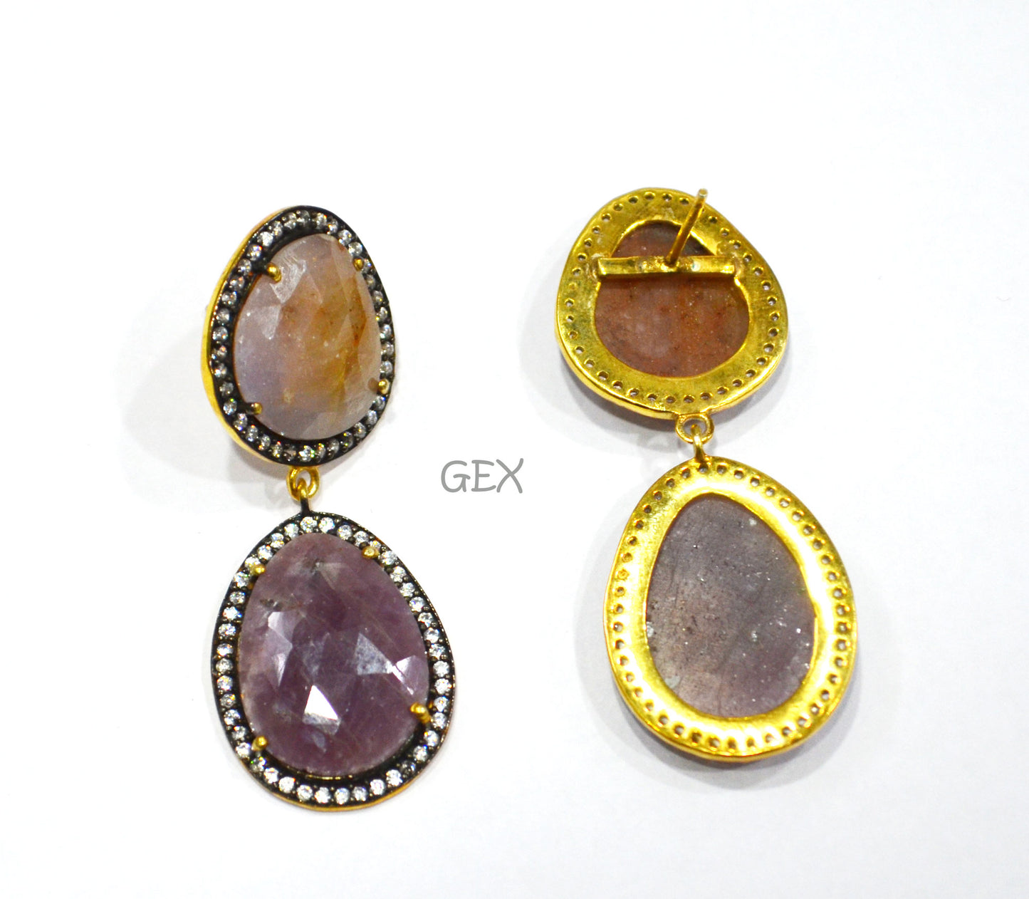 92.5 Sterling Silver Shaded Orange And Purple Sapphire Faceted Fancy Shape Earring , Shaded Orange And Purple Sapphire With Pave Cubic Zirconia Earring , 50 mm , E-045