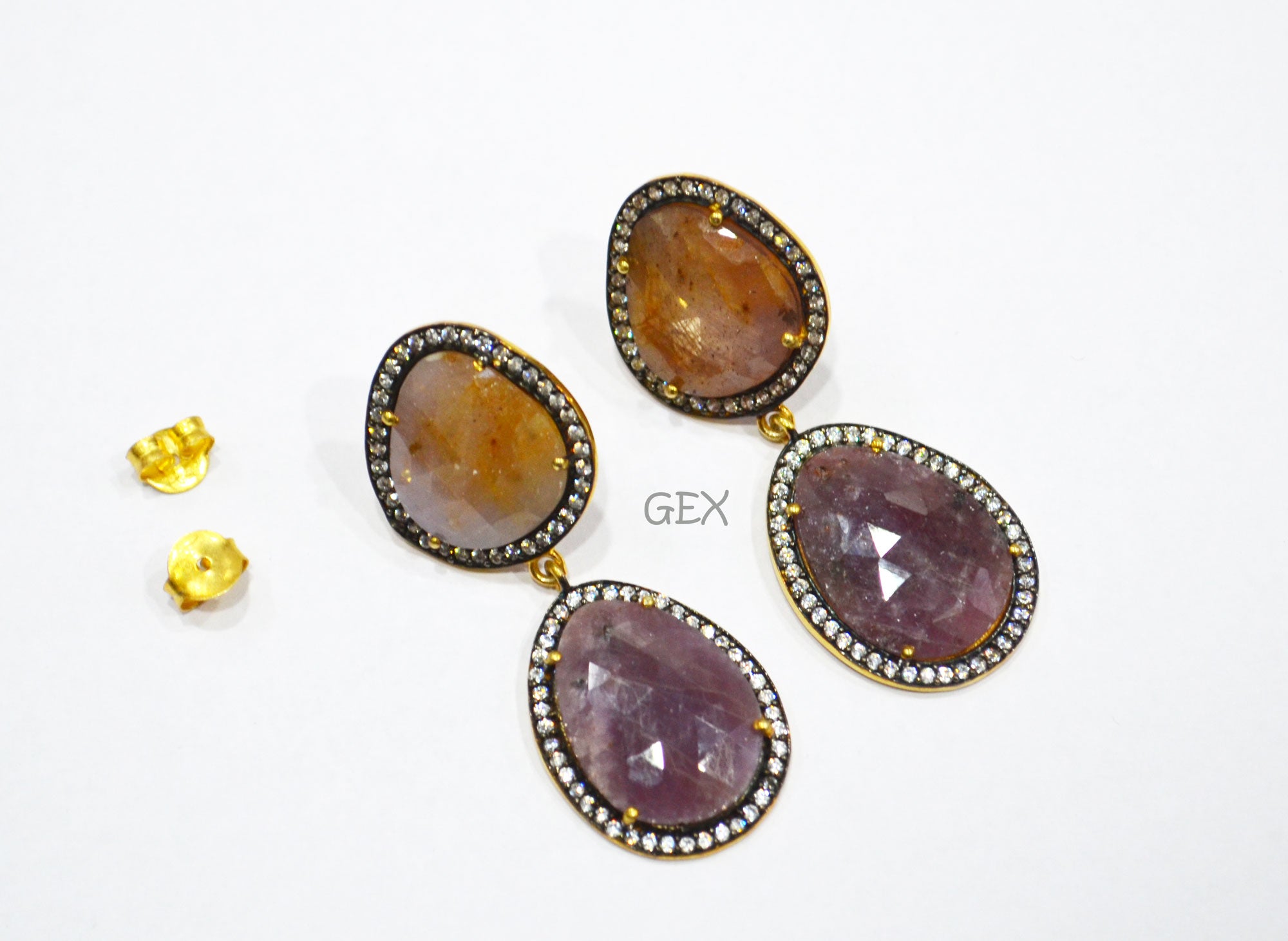 92.5 Sterling Silver Shaded Orange And Purple Sapphire Faceted Fancy Shape Earring , Shaded Orange And Purple Sapphire With Pave Cubic Zirconia Earring , 50 mm , E-045