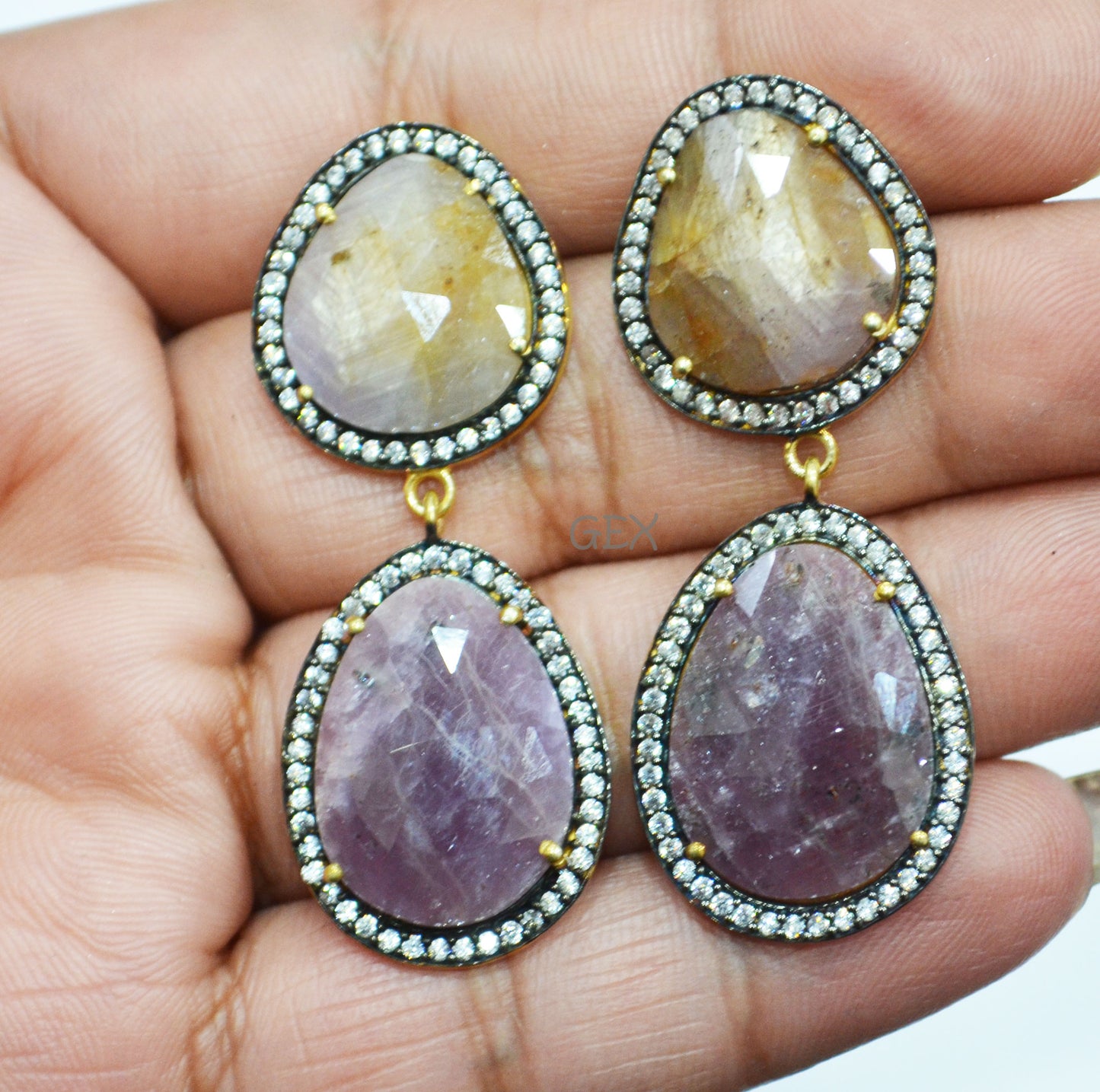 92.5 Sterling Silver Shaded Orange And Purple Sapphire Faceted Fancy Shape Earring , Shaded Orange And Purple Sapphire With Pave Cubic Zirconia Earring , 50 mm , E-045