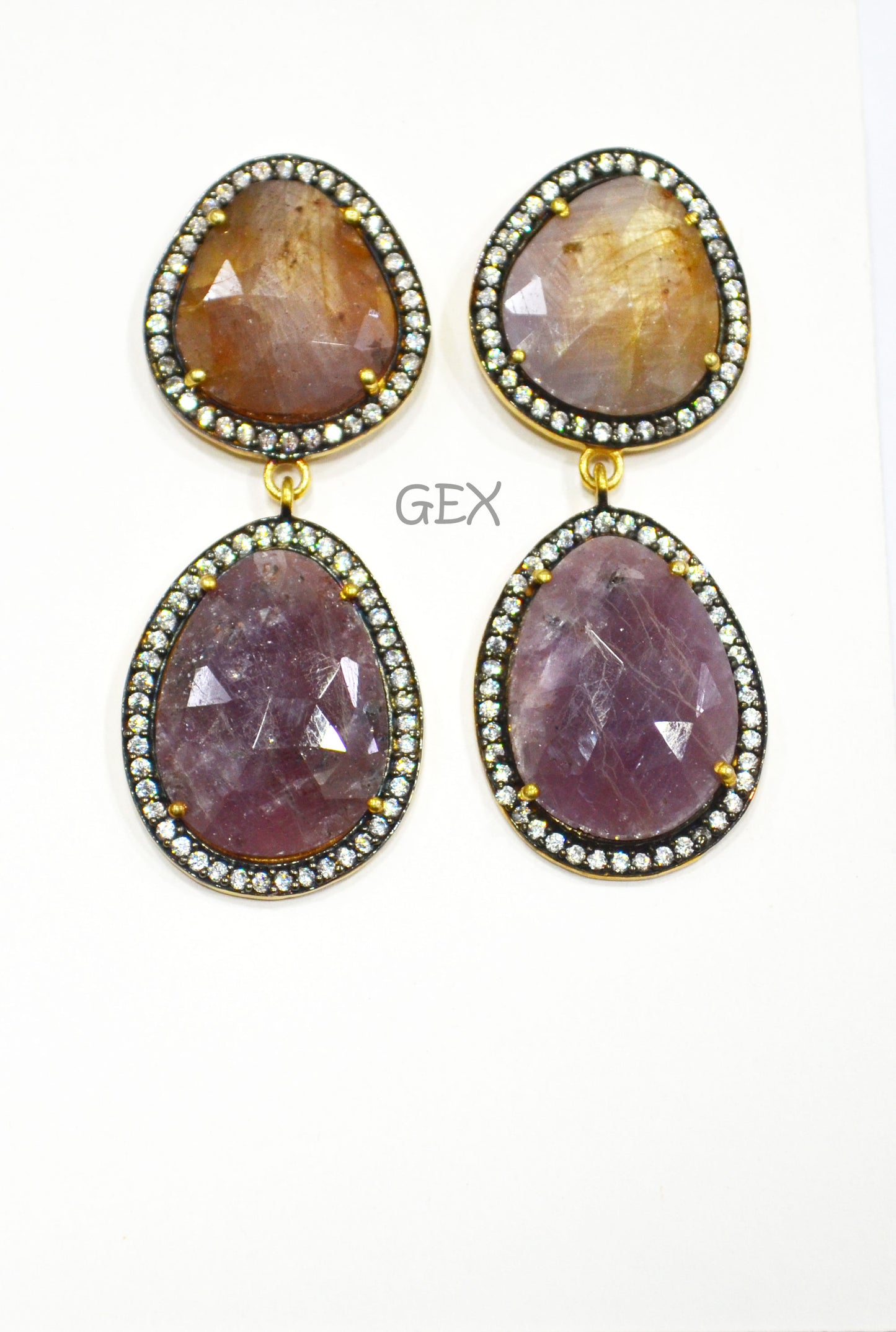 92.5 Sterling Silver Shaded Orange And Purple Sapphire Faceted Fancy Shape Earring , Shaded Orange And Purple Sapphire With Pave Cubic Zirconia Earring , 50 mm , E-045