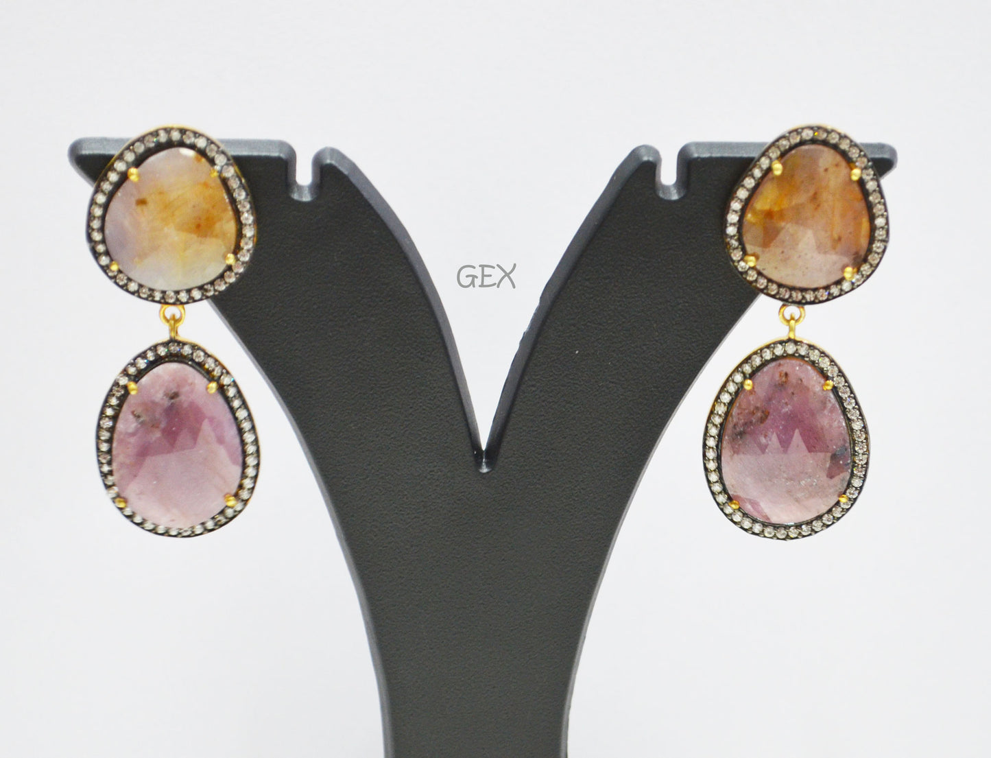 92.5 Sterling Silver Shaded Orange And Purple Sapphire Faceted Fancy Shape Earring , Shaded Orange And Purple Sapphire With Pave Cubic Zirconia Earring , 50 mm , E-045