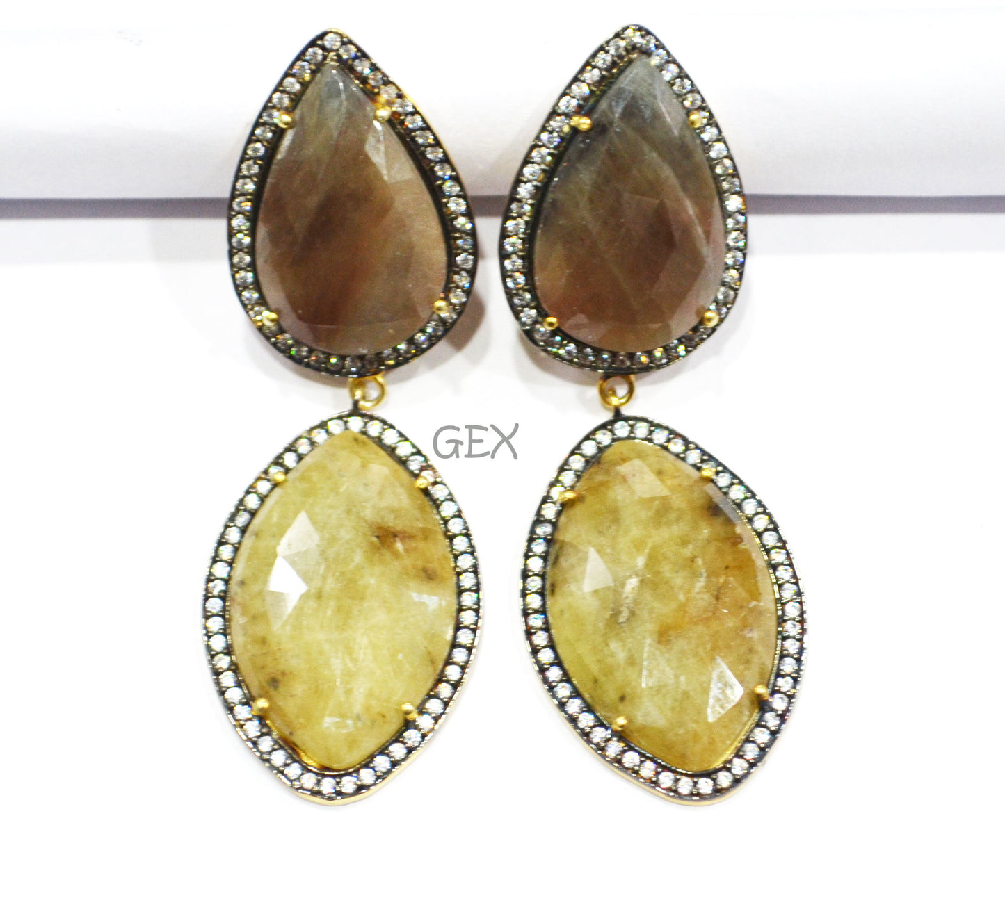 92.5 Sterling Silver Shaded Brown And Yellow Sapphire Faceted Fancy Shape Earring , Shaded Brown And Yellow Sapphire With Pave Cubic Zirconia Earring , 62 mm , E-046
