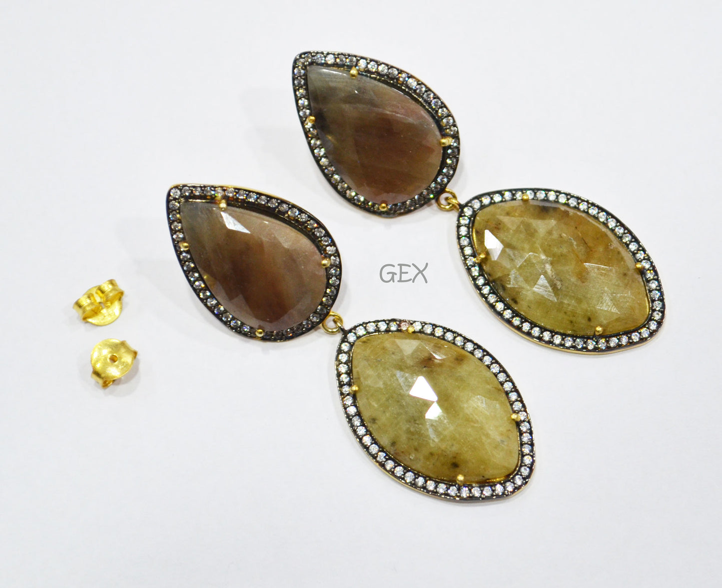 92.5 Sterling Silver Shaded Brown And Yellow Sapphire Faceted Fancy Shape Earring , Shaded Brown And Yellow Sapphire With Pave Cubic Zirconia Earring , 62 mm , E-046